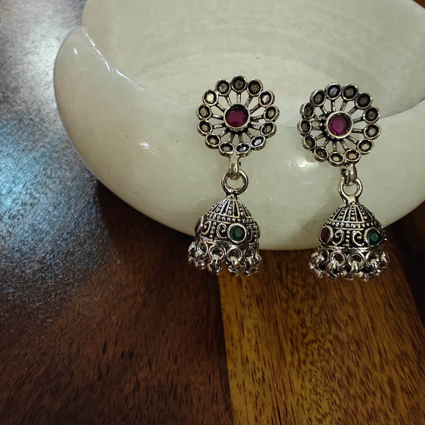 Sterling silver jhumkis with stone and jali flower