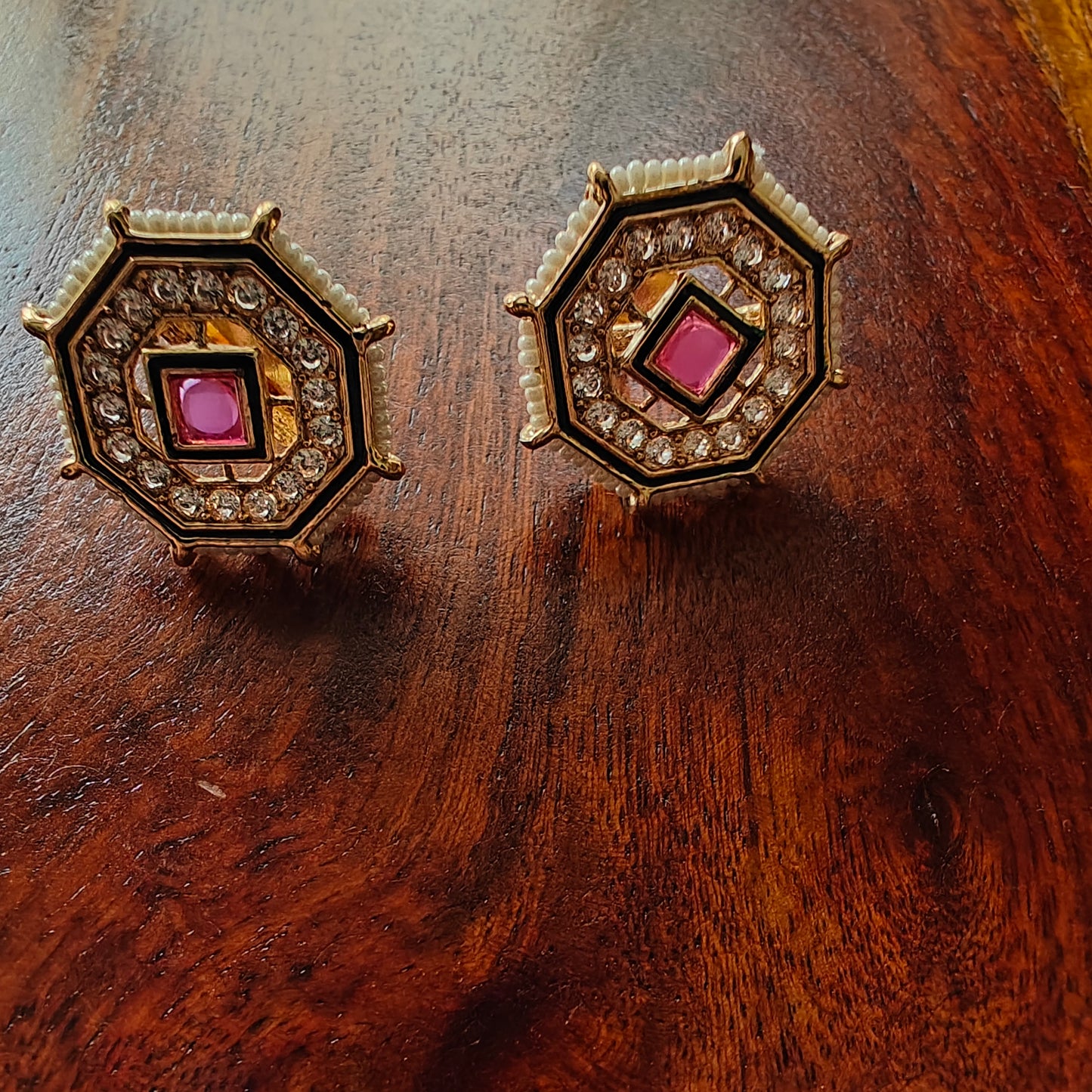 Hexagonal studs(earrings) with red and green stone