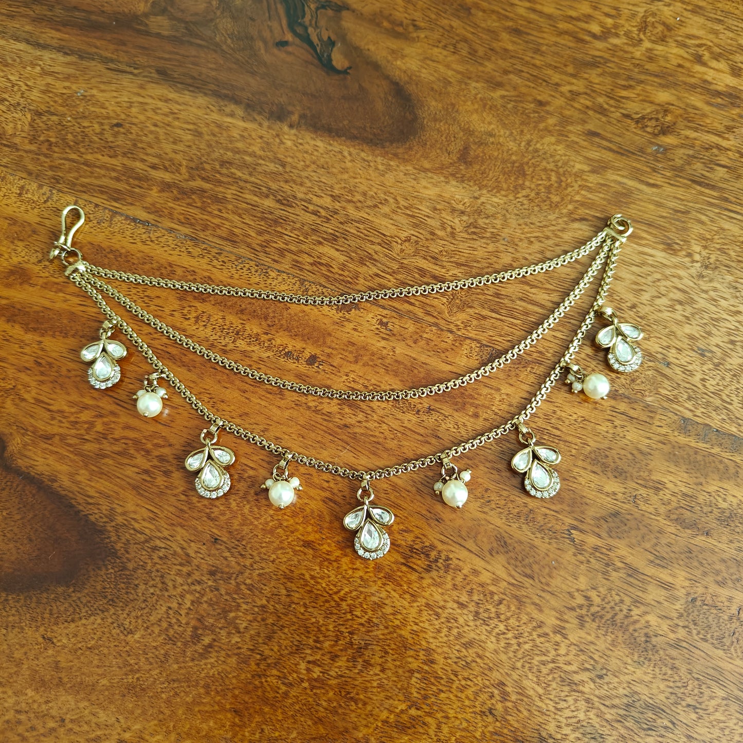 Ear chains in antique finish with kundan and pearls