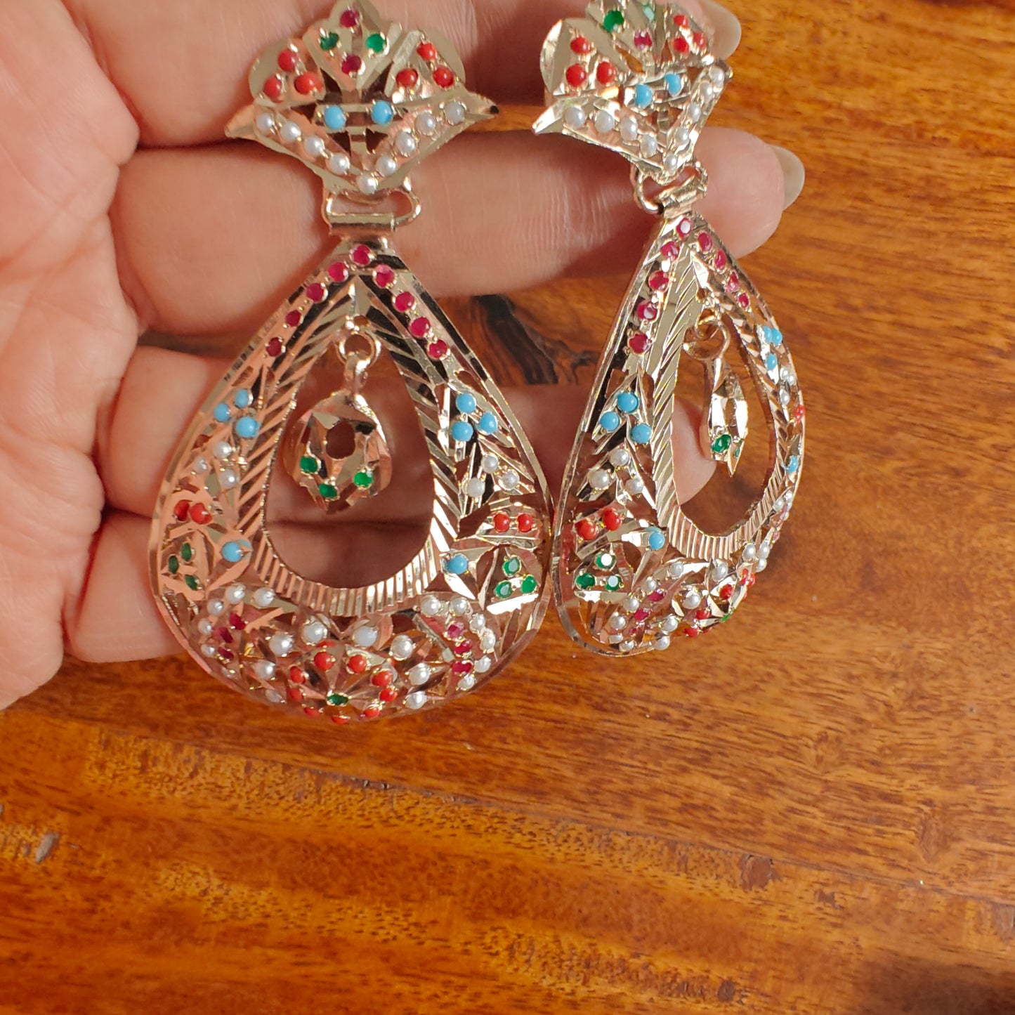 Jadau navratan drop shaped earrings