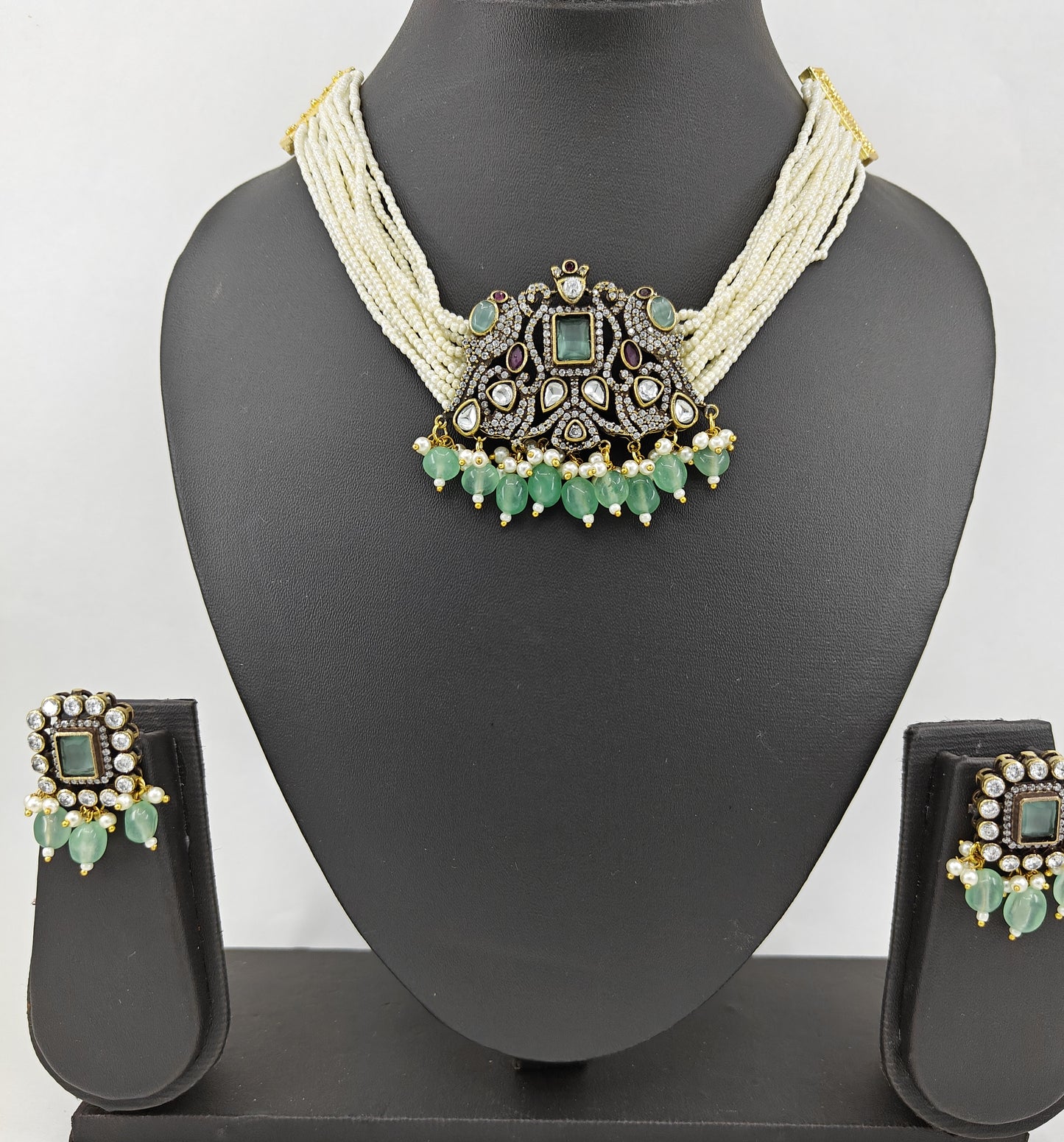 Antique choker set with kundan,CZ stone and green/mint green/ blue stone,set on poth pearls