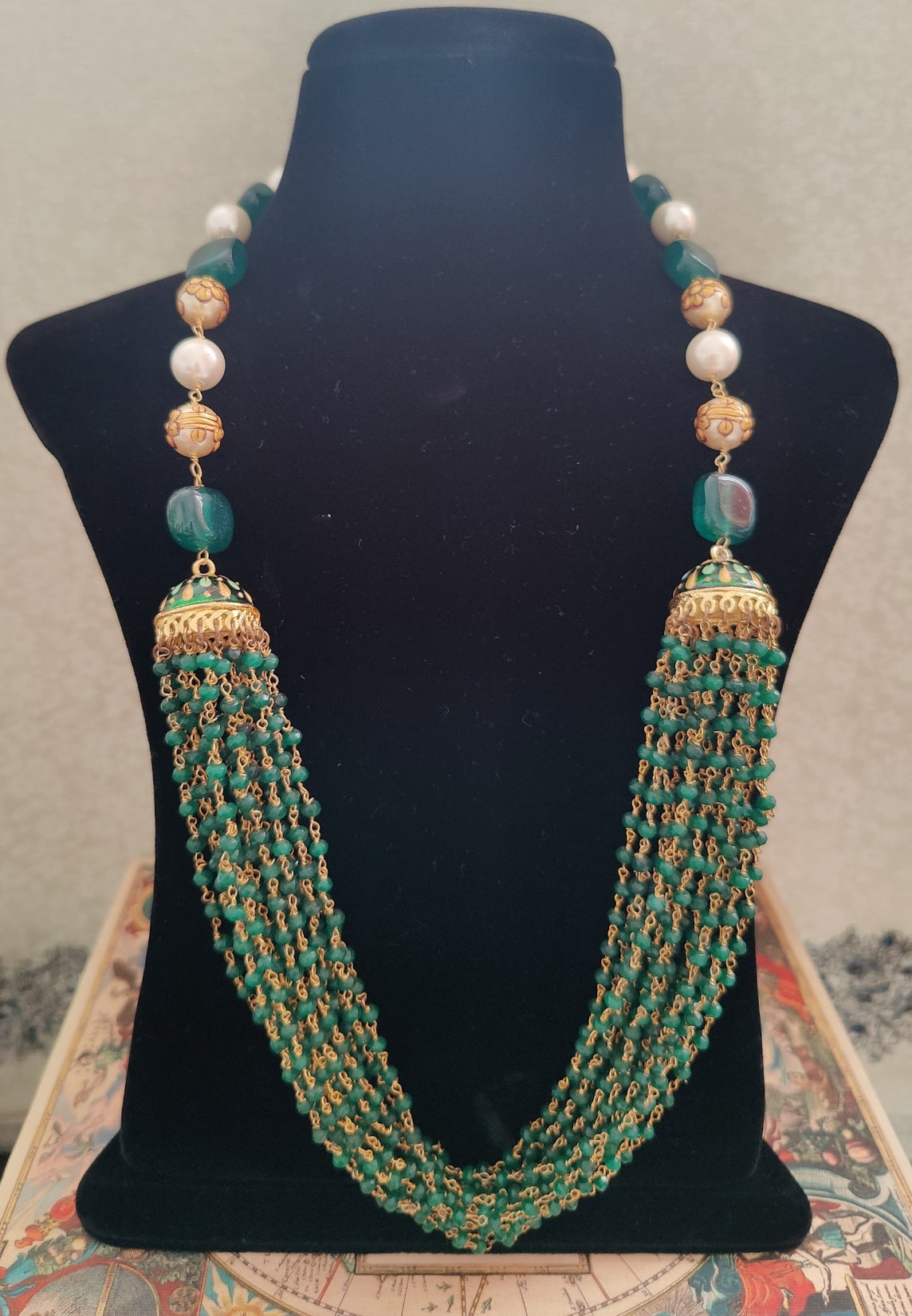 Chanasya set with green painted two Jhumkis with suspended green beads