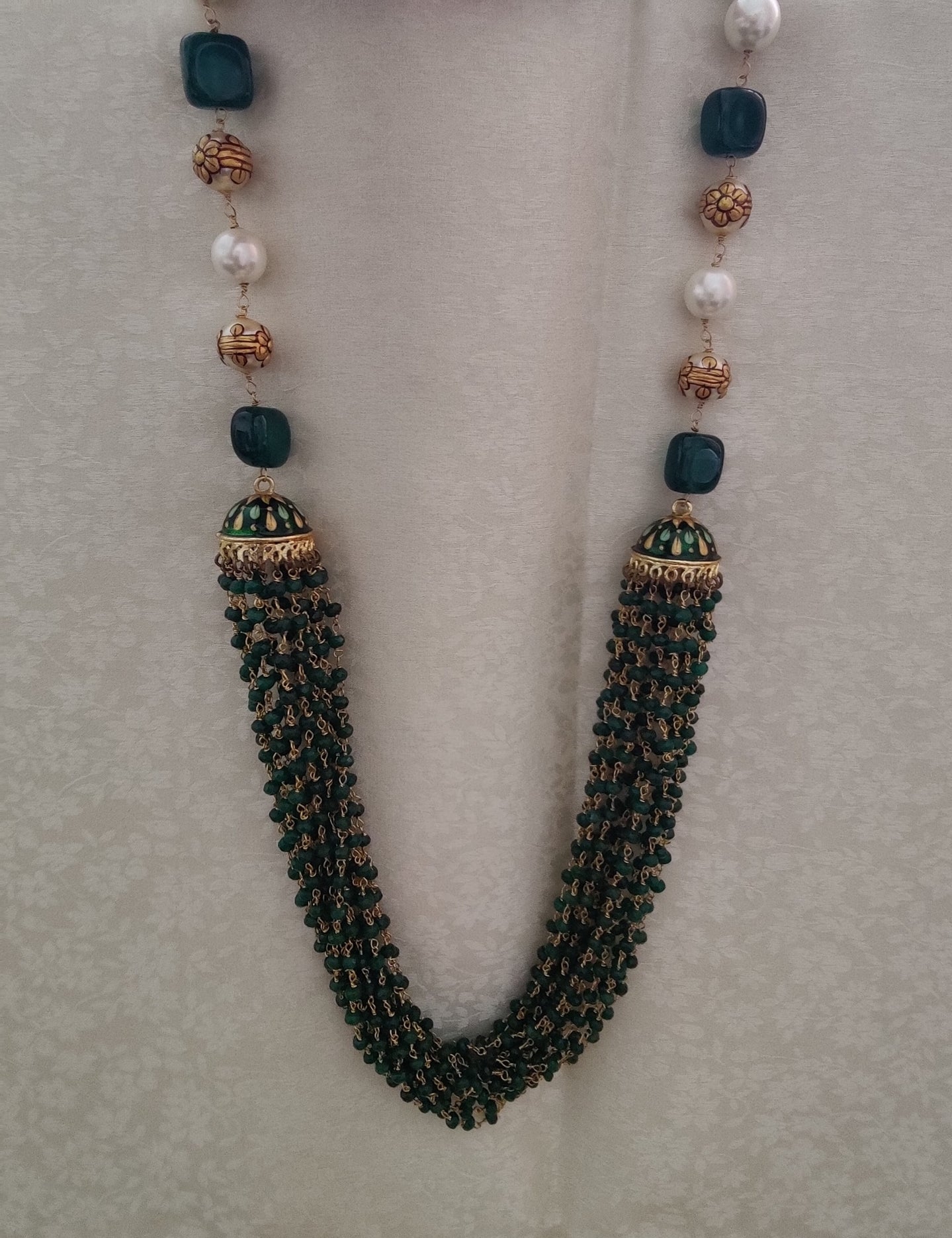 Chanasya set with green painted two Jhumkis with suspended green beads