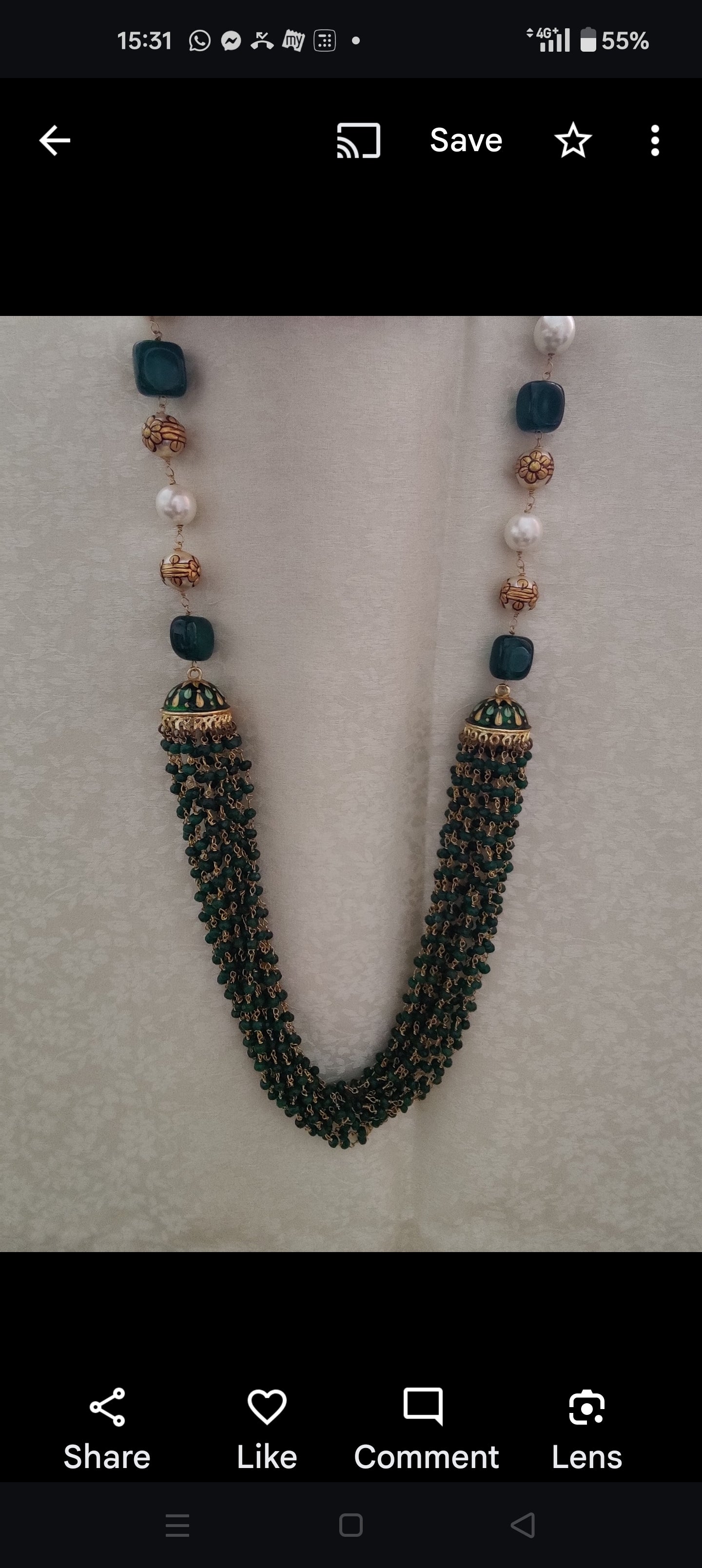 Chanasya set with green painted two Jhumkis with suspended green beads