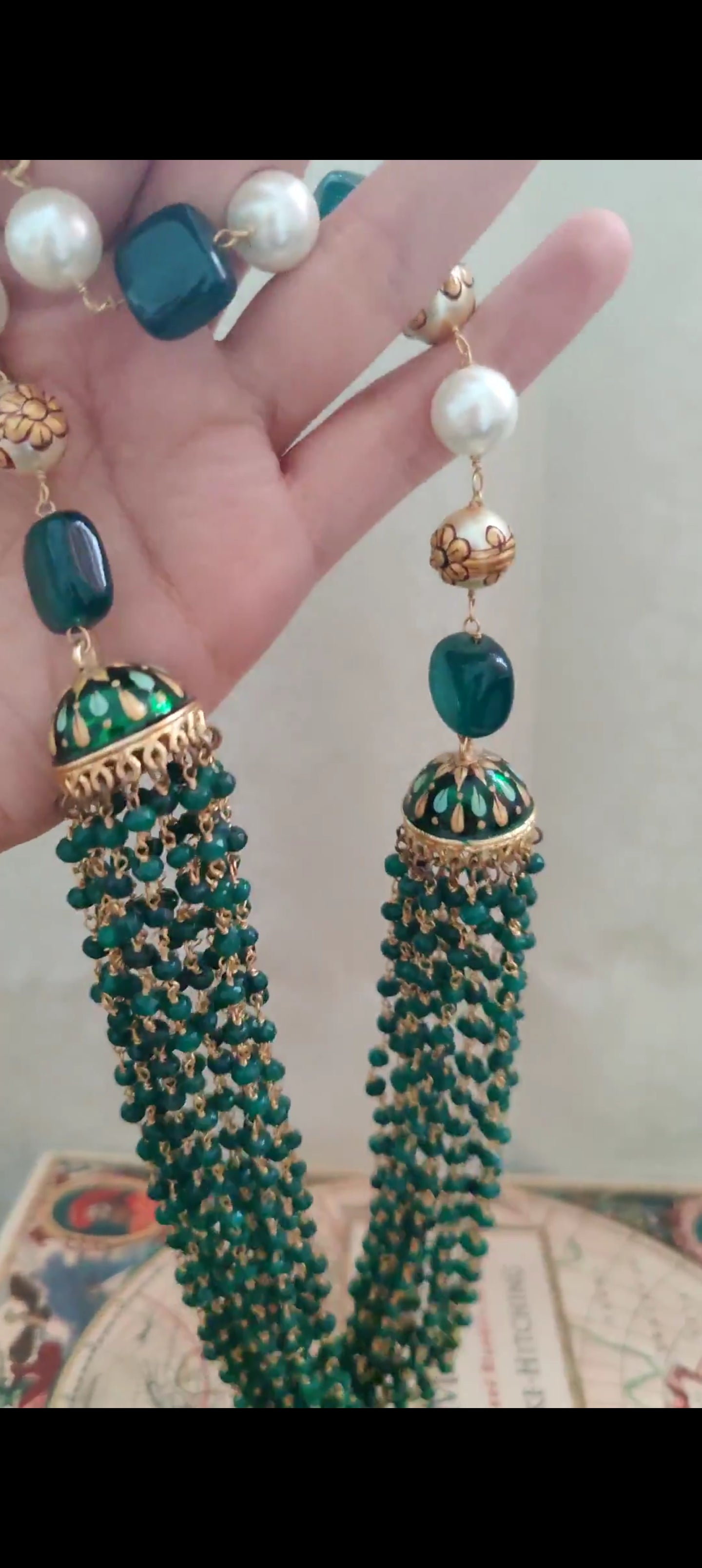 Chanasya set with green painted two Jhumkis with suspended green beads