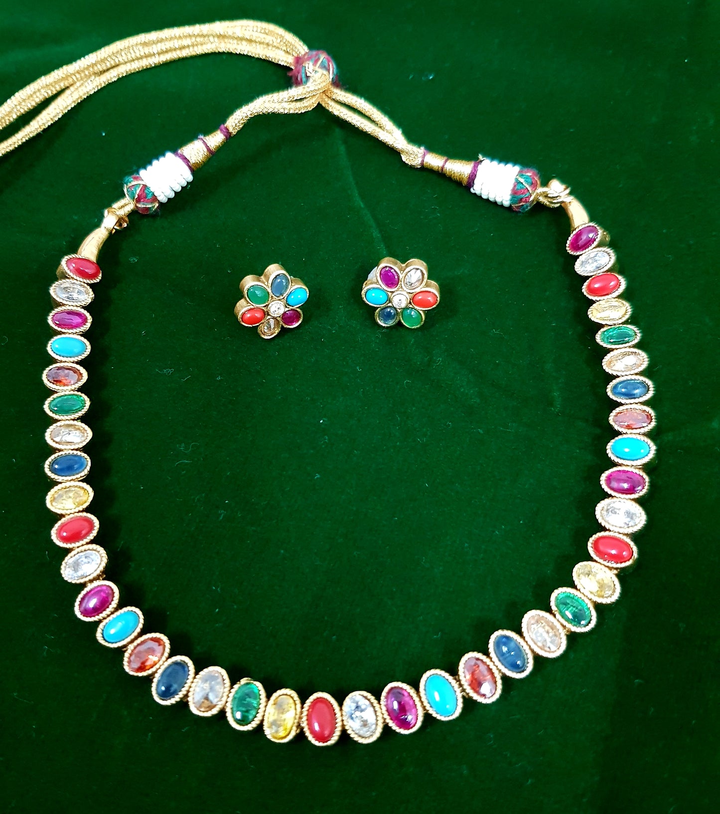Reversible paachi kundan set, navratan and ruby stone inlay, 2 pairs of studs