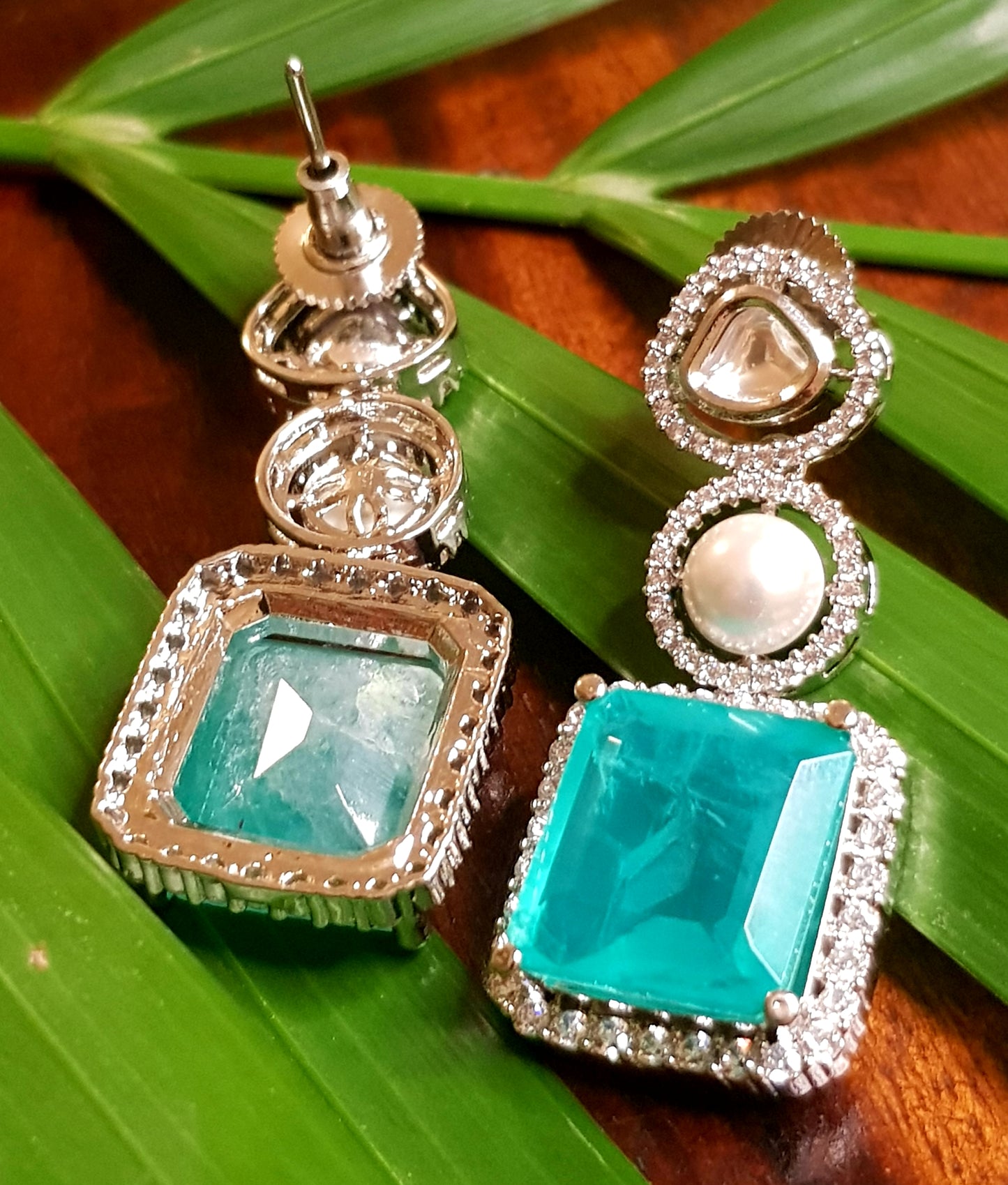 Silver finish kundan, doublet stone, pearl and CZ hanging tops (earrings) - available in different colours