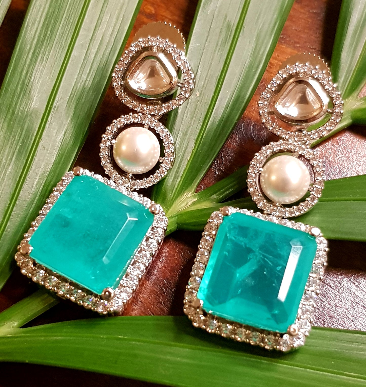 Silver finish kundan, doublet stone, pearl and CZ hanging tops (earrings) - available in different colours