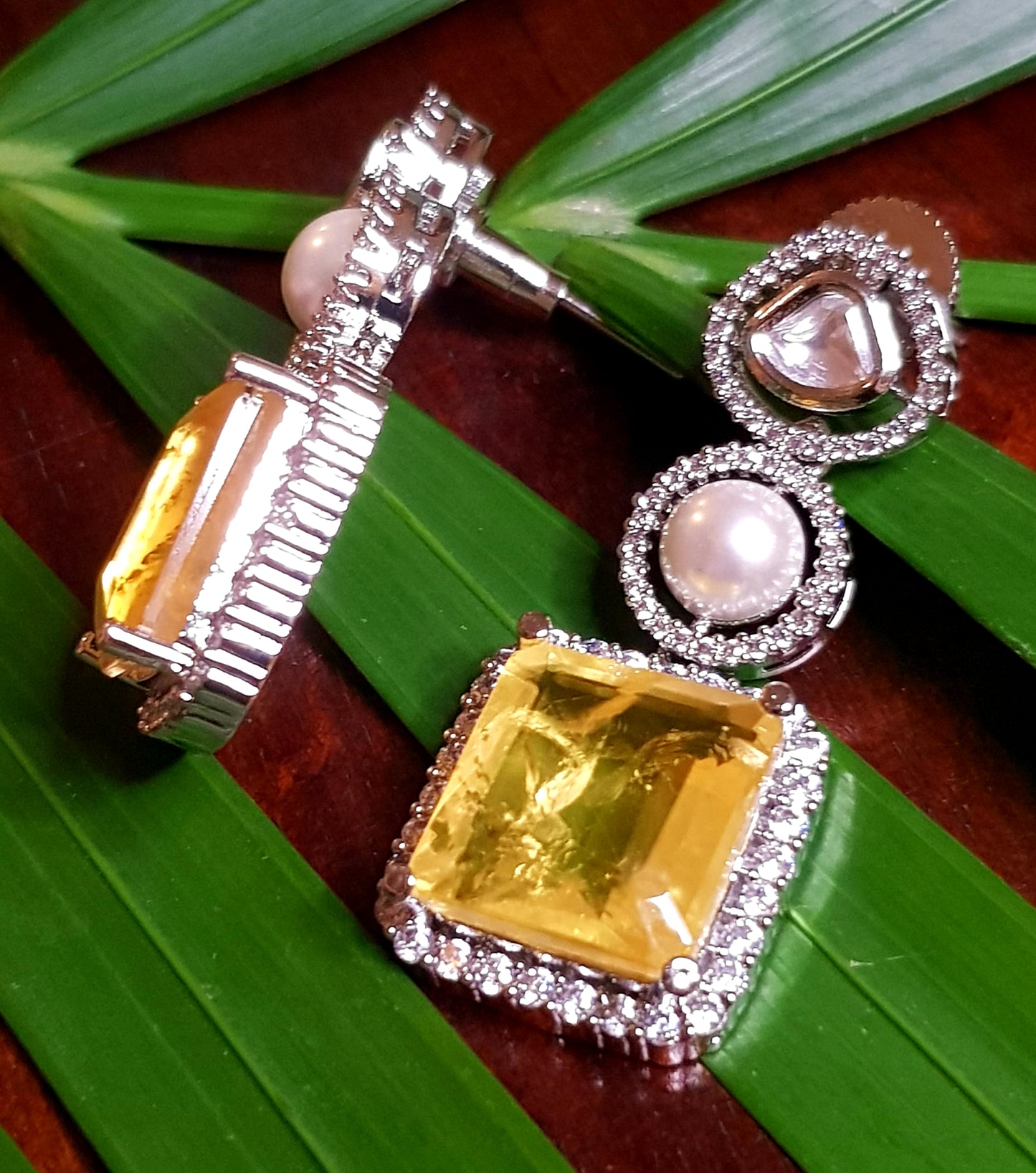 Silver finish kundan, doublet stone, pearl and CZ hanging tops (earrings) - available in different colours