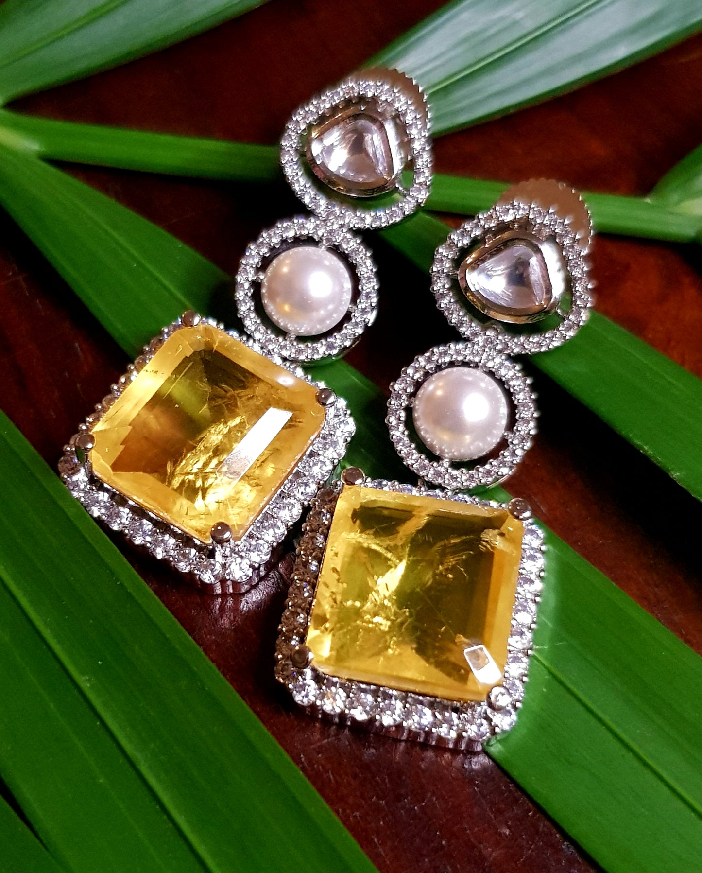 Silver finish kundan, doublet stone, pearl and CZ hanging tops (earrings) - available in different colours