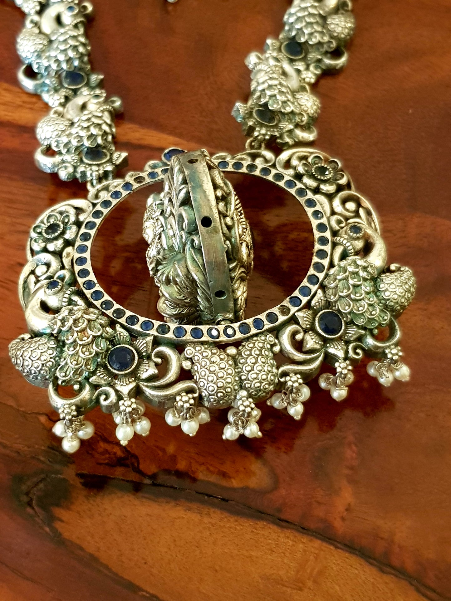 Antique silver finish temple jewelry set, lakshmi/flower motif reversible pendant set with long necklace, reversible earrings