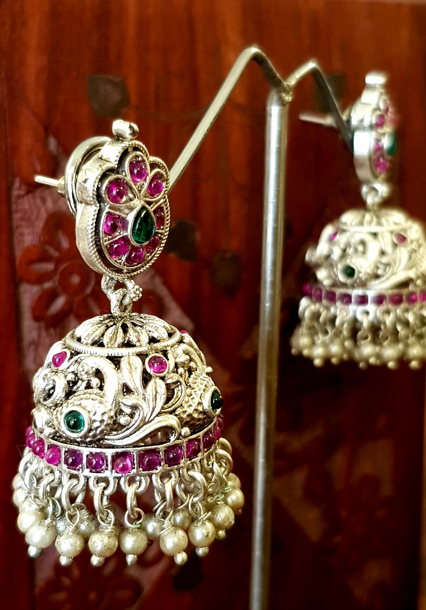 Silver finish temple jewelry set, peacock design necklace, green-red stones inlay, matching jhumkas (earrings)