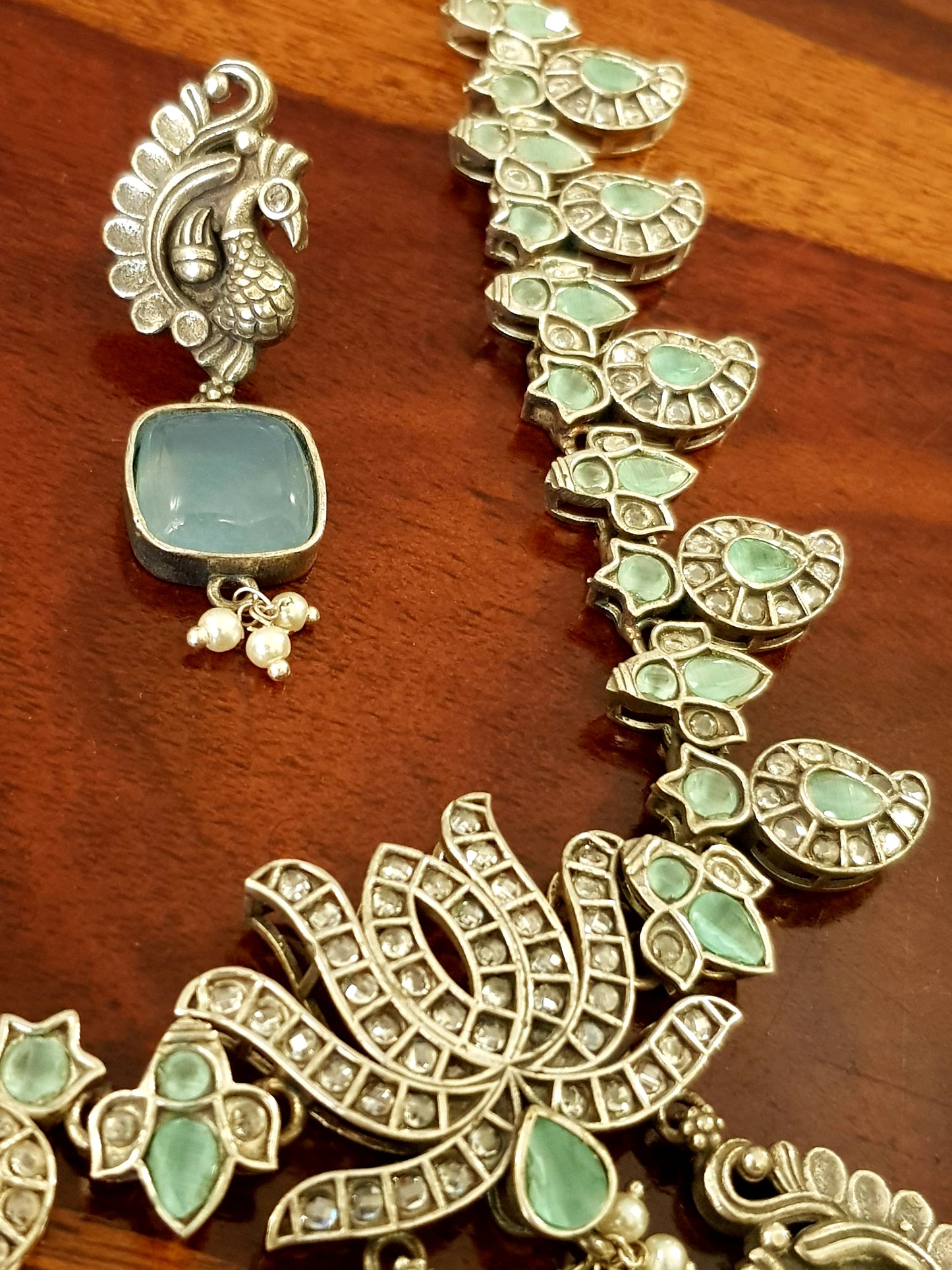 Antique silver finish set, Peacock motif necklace with pale green detailing, matching earrings set