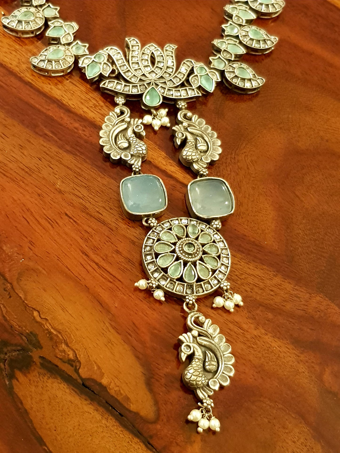 Antique silver finish set, Peacock motif necklace with pale green detailing, matching earrings set