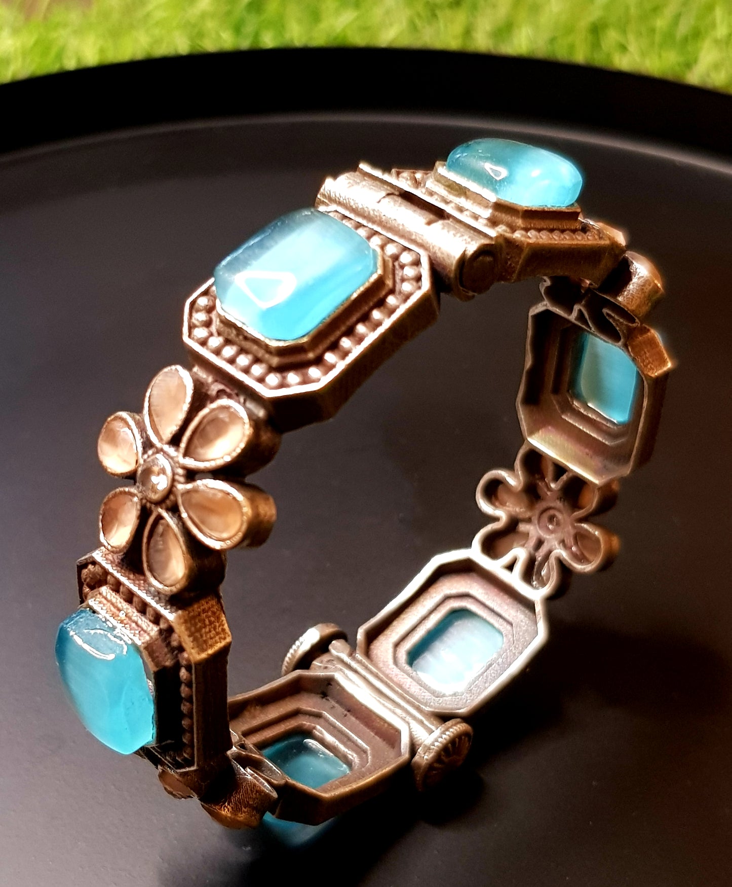 Silver finish bangle with coral/pale pink flower motif and turquoise(firoza)/teal green combinations, (1 pc)