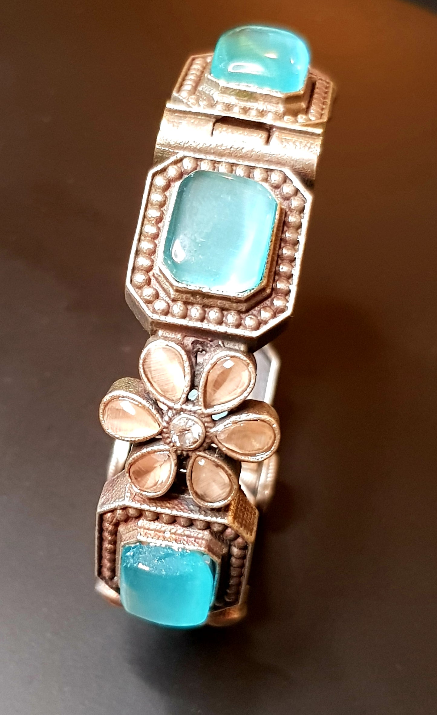 Silver finish bangle with coral/pale pink flower motif and turquoise(firoza)/teal green combinations, (1 pc)