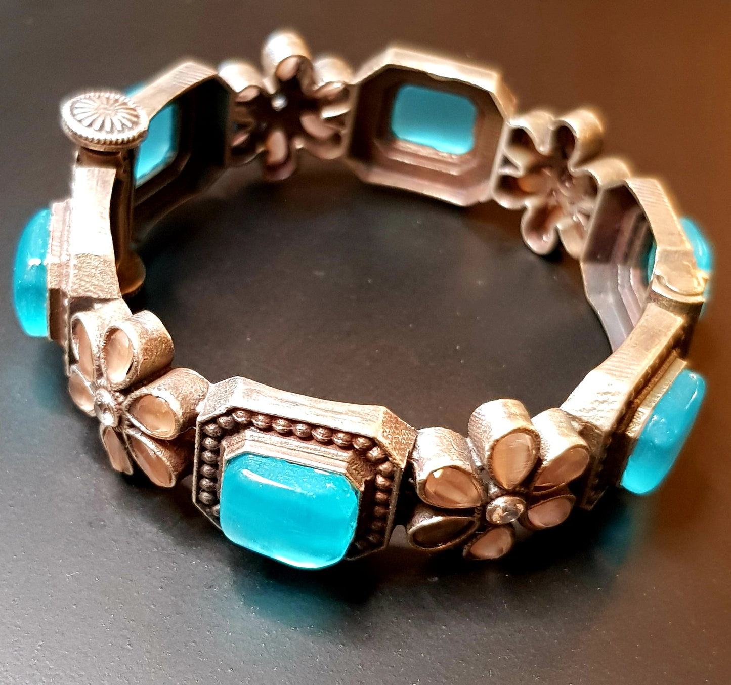 Silver finish bangle with coral/pale pink flower motif and turquoise(firoza)/teal green combinations, (1 pc)