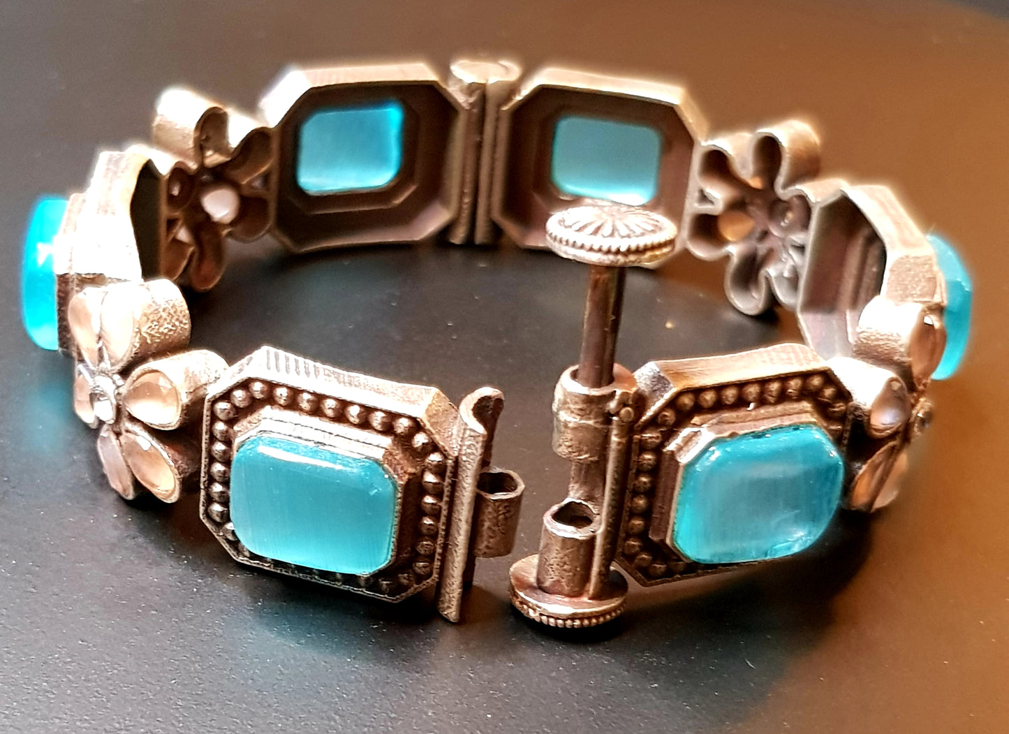 Silver finish bangle with coral/pale pink flower motif and turquoise(firoza)/teal green combinations, (1 pc)