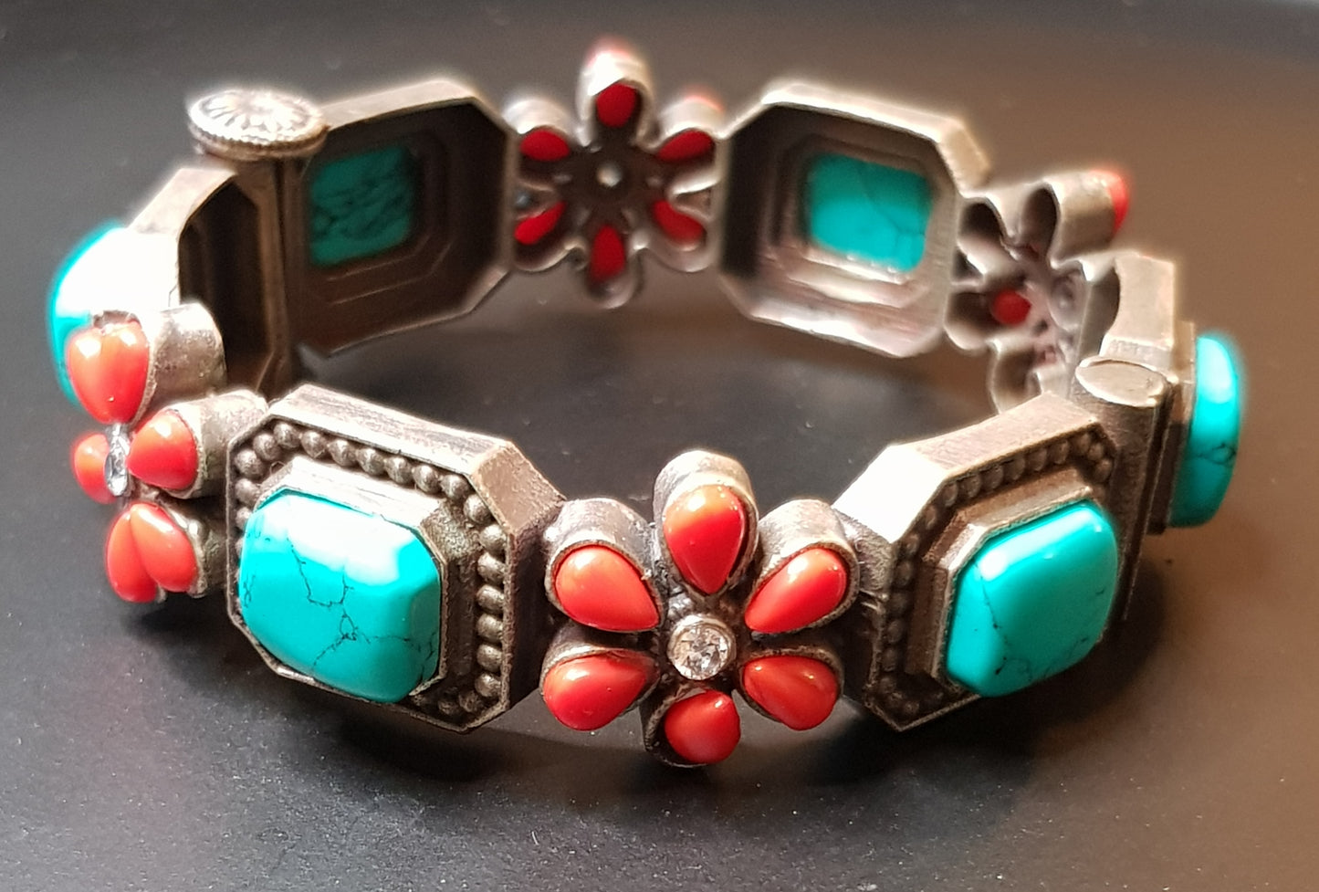 Silver finish bangle with coral/pale pink flower motif and turquoise(firoza)/teal green combinations, (1 pc)