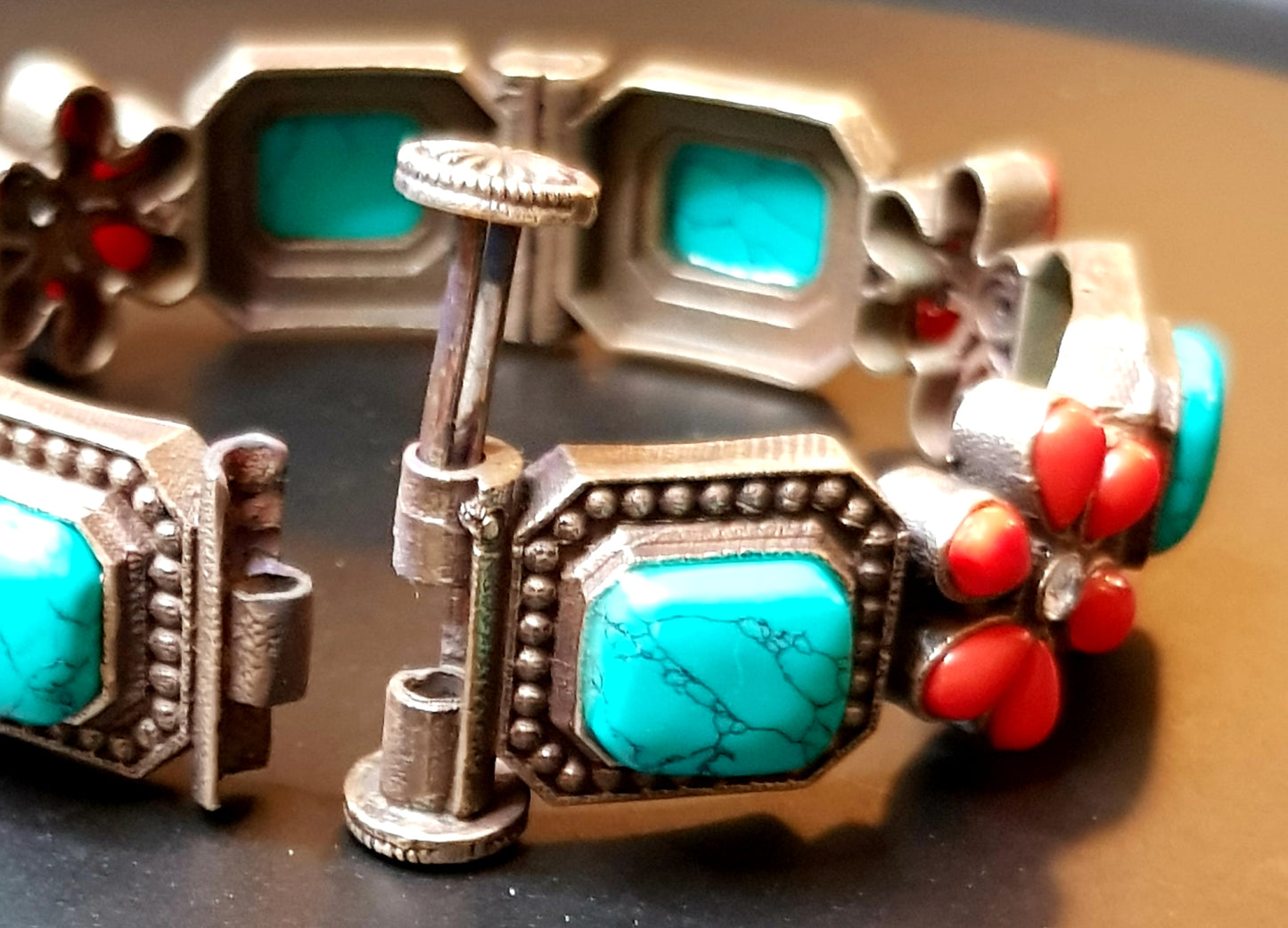 Silver finish bangle with coral/pale pink flower motif and turquoise(firoza)/teal green combinations, (1 pc)