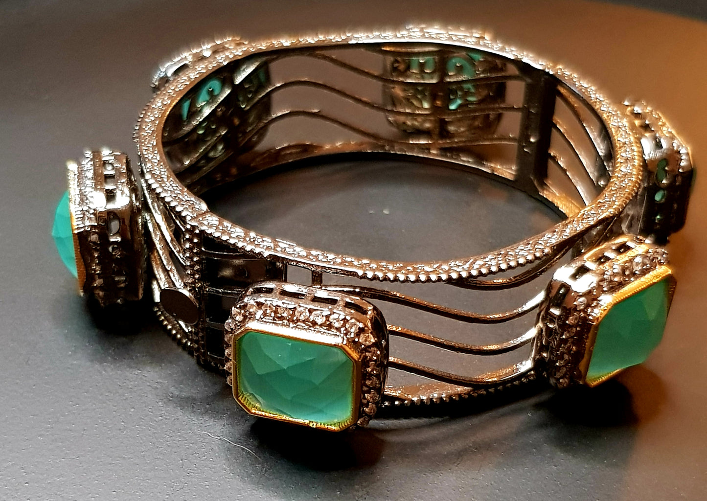 Antique silver finish bangle with mint green rectangular stones surrounded with CZ (1 pc)