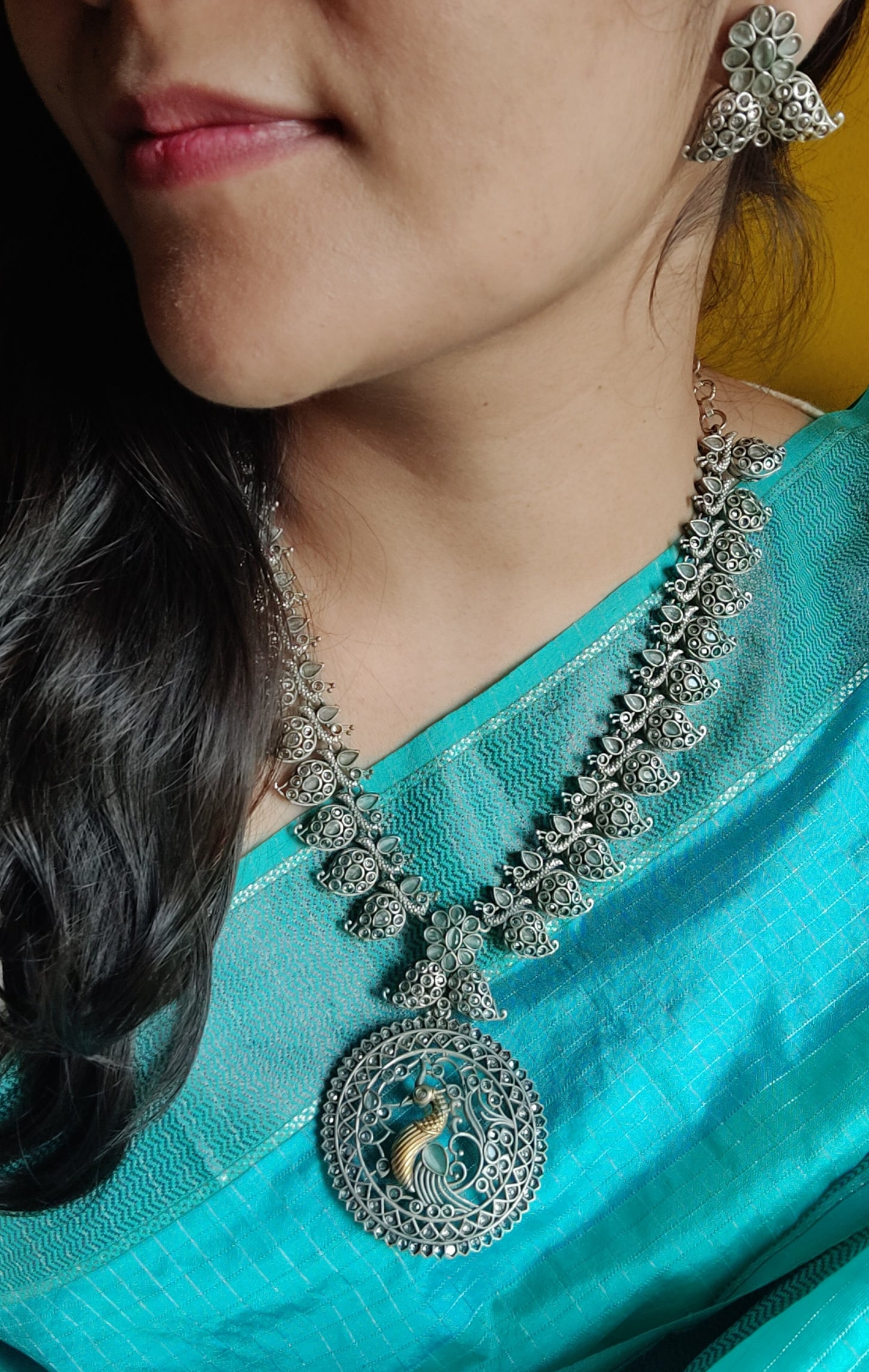 Dual tone temple jewelry set, peacock design necklace, mint green stones inlay, matching earrings