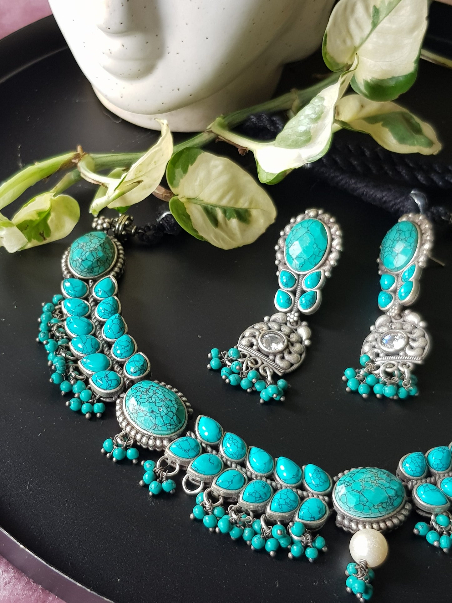 Silver finish set with choker necklace in turquoise/pale pink and blue stone matching long earrings