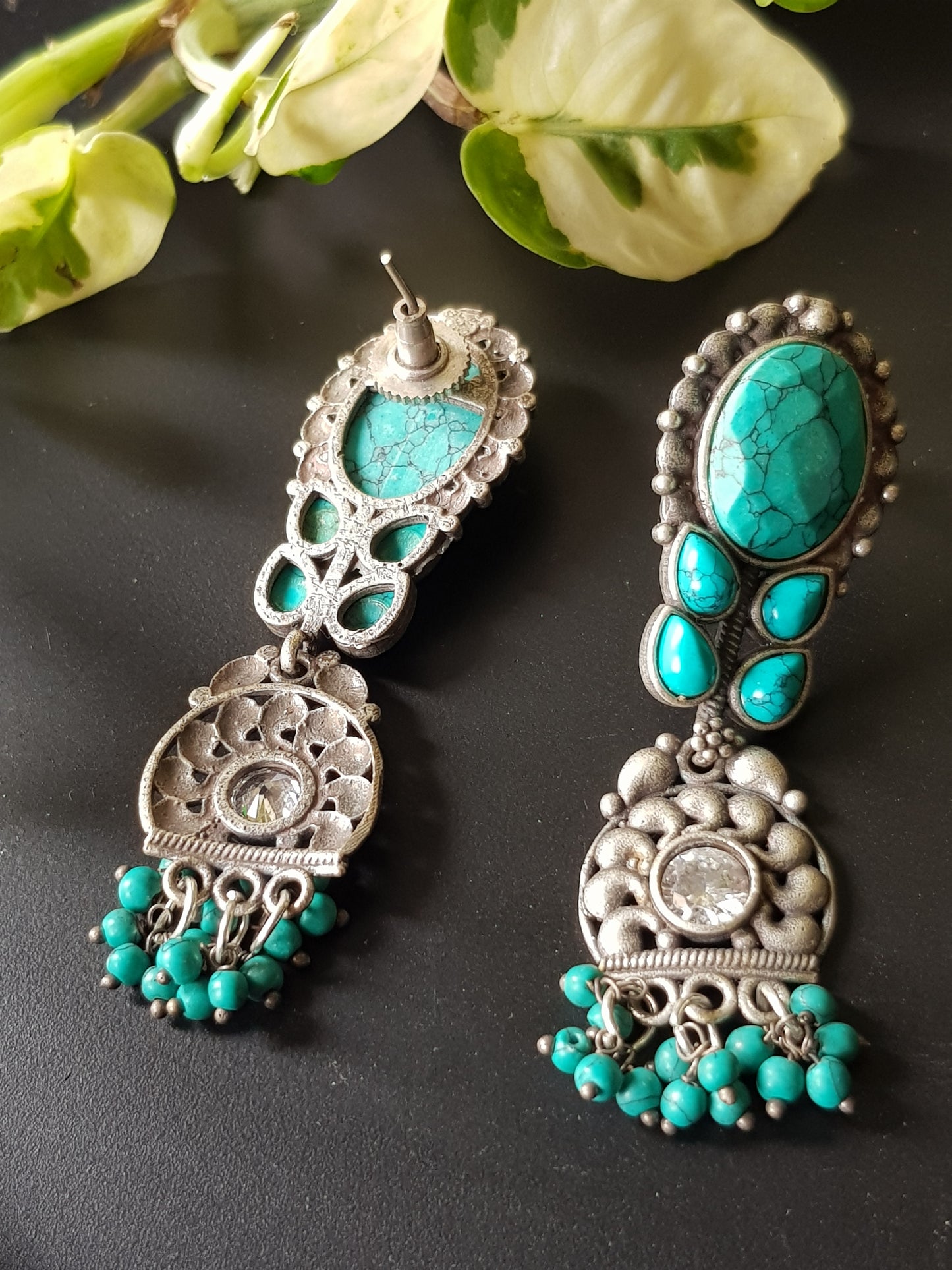 Silver finish set with choker necklace in turquoise/pale pink and blue stone matching long earrings