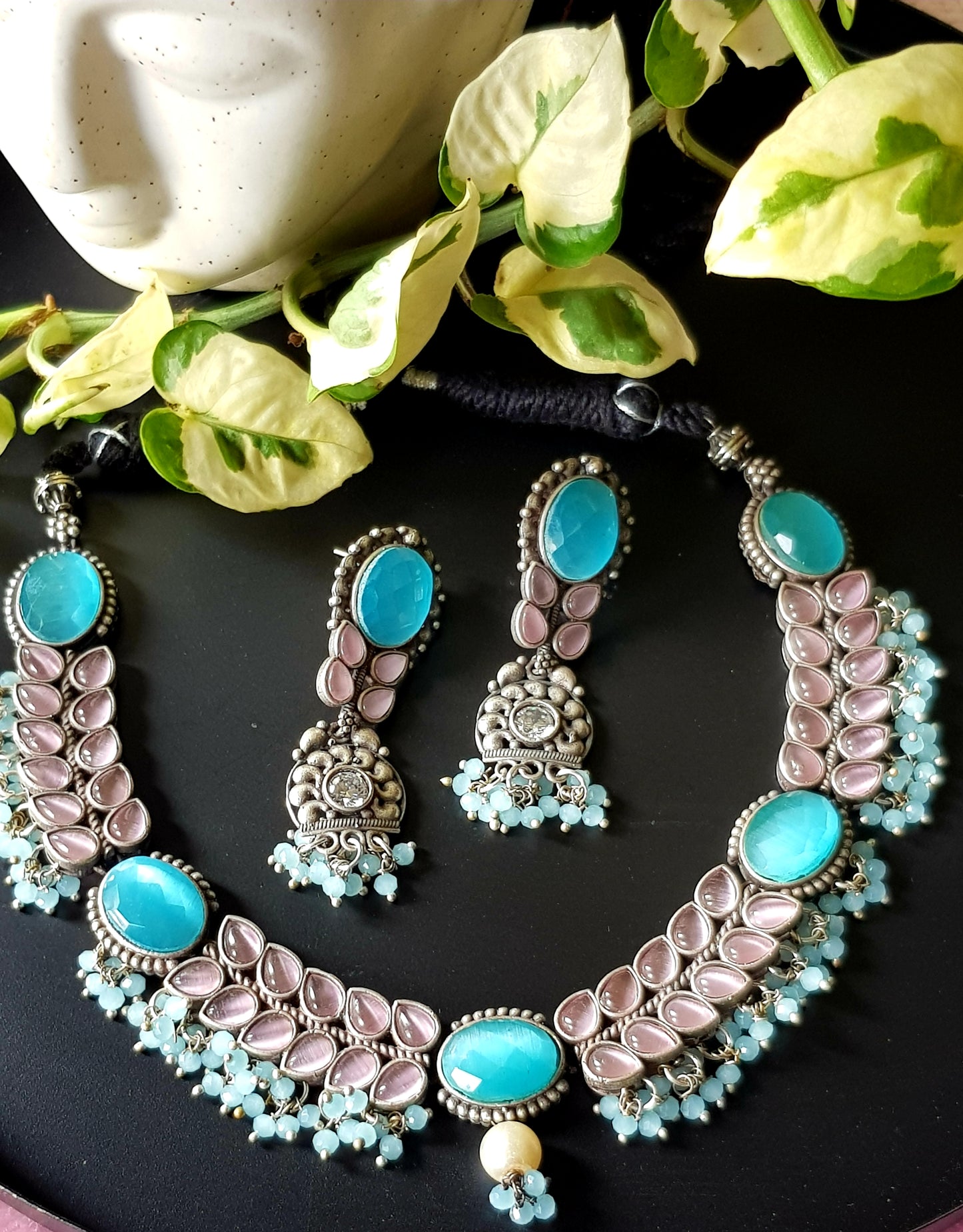 Silver finish set with choker necklace in turquoise/pale pink and blue stone matching long earrings