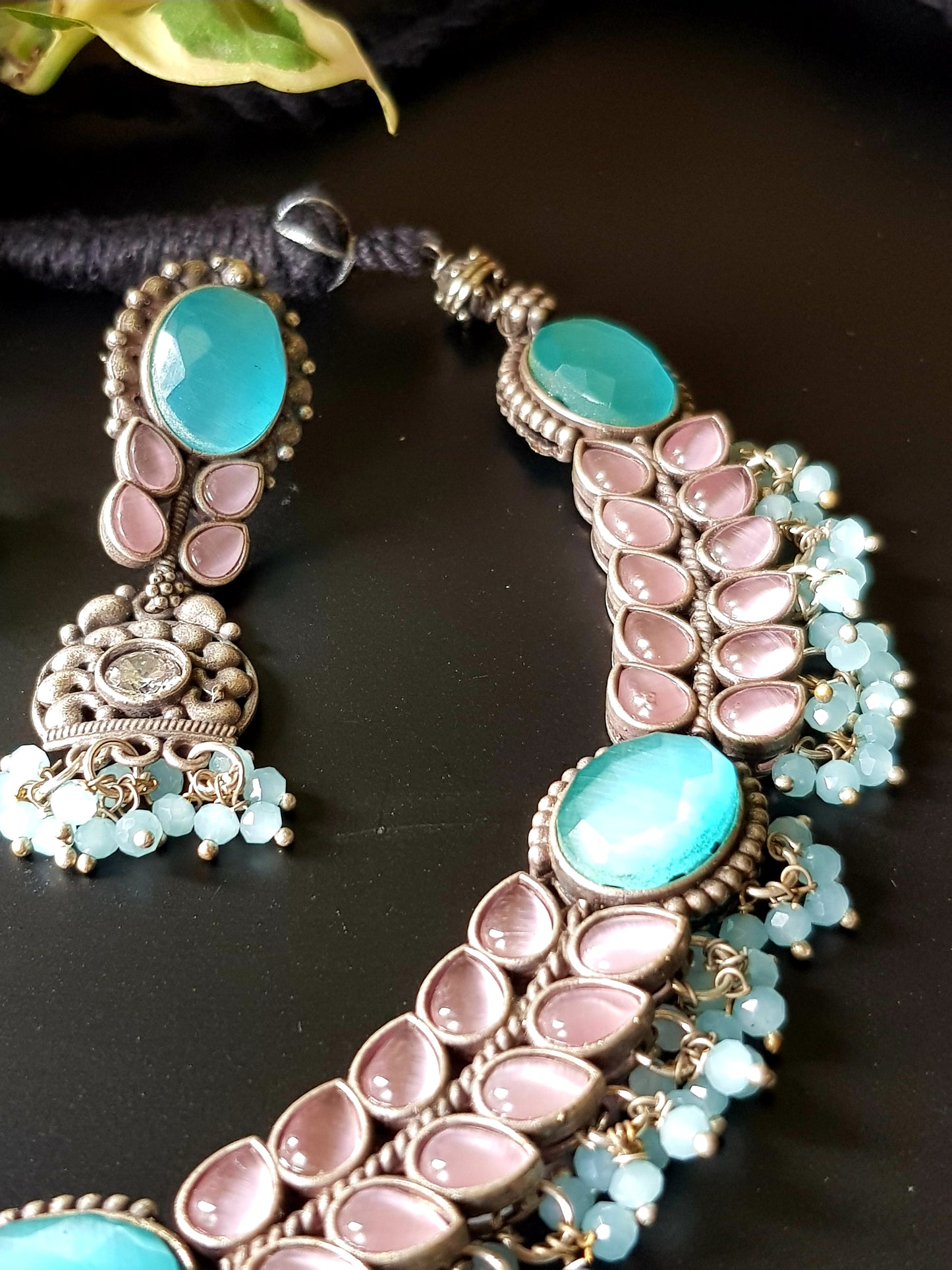 Silver finish set with choker necklace in turquoise/pale pink and blue stone matching long earrings