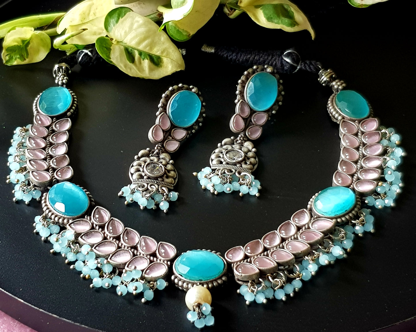 Silver finish set with choker necklace in turquoise/pale pink and blue stone matching long earrings