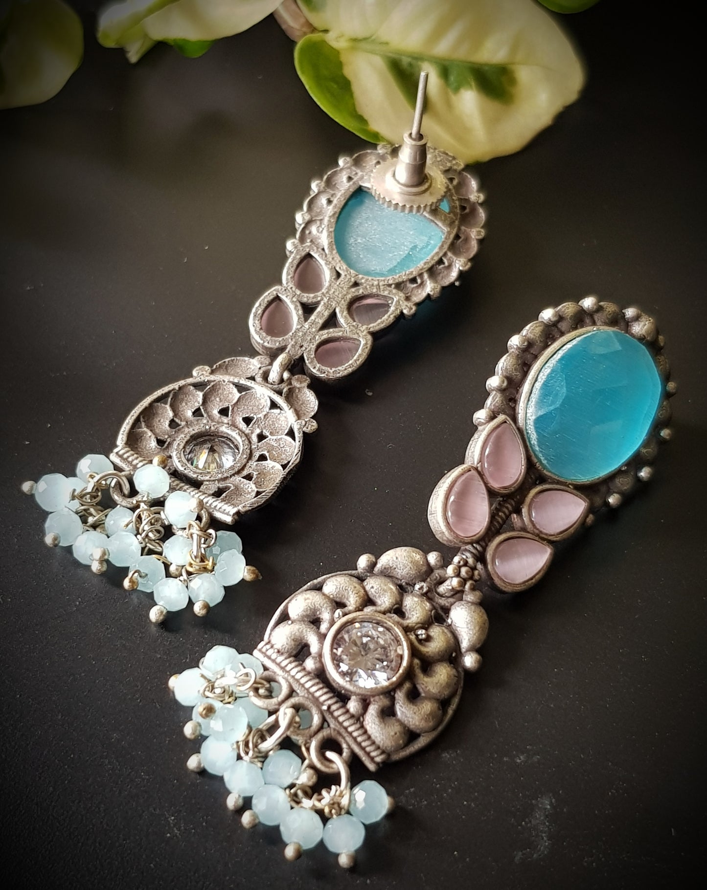 Silver finish set with choker necklace in turquoise/pale pink and blue stone matching long earrings