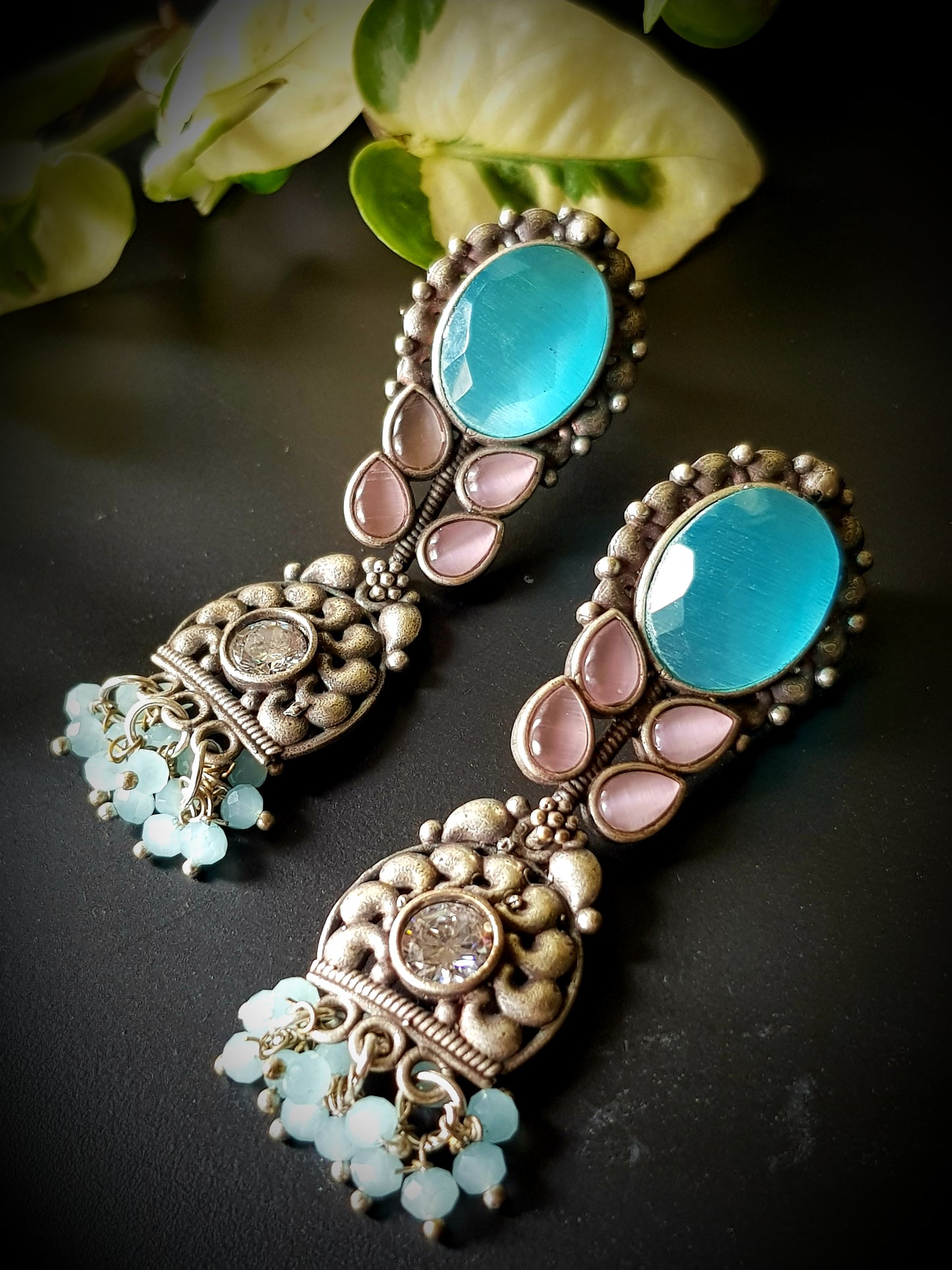 Silver finish set with choker necklace in turquoise/pale pink and blue stone matching long earrings