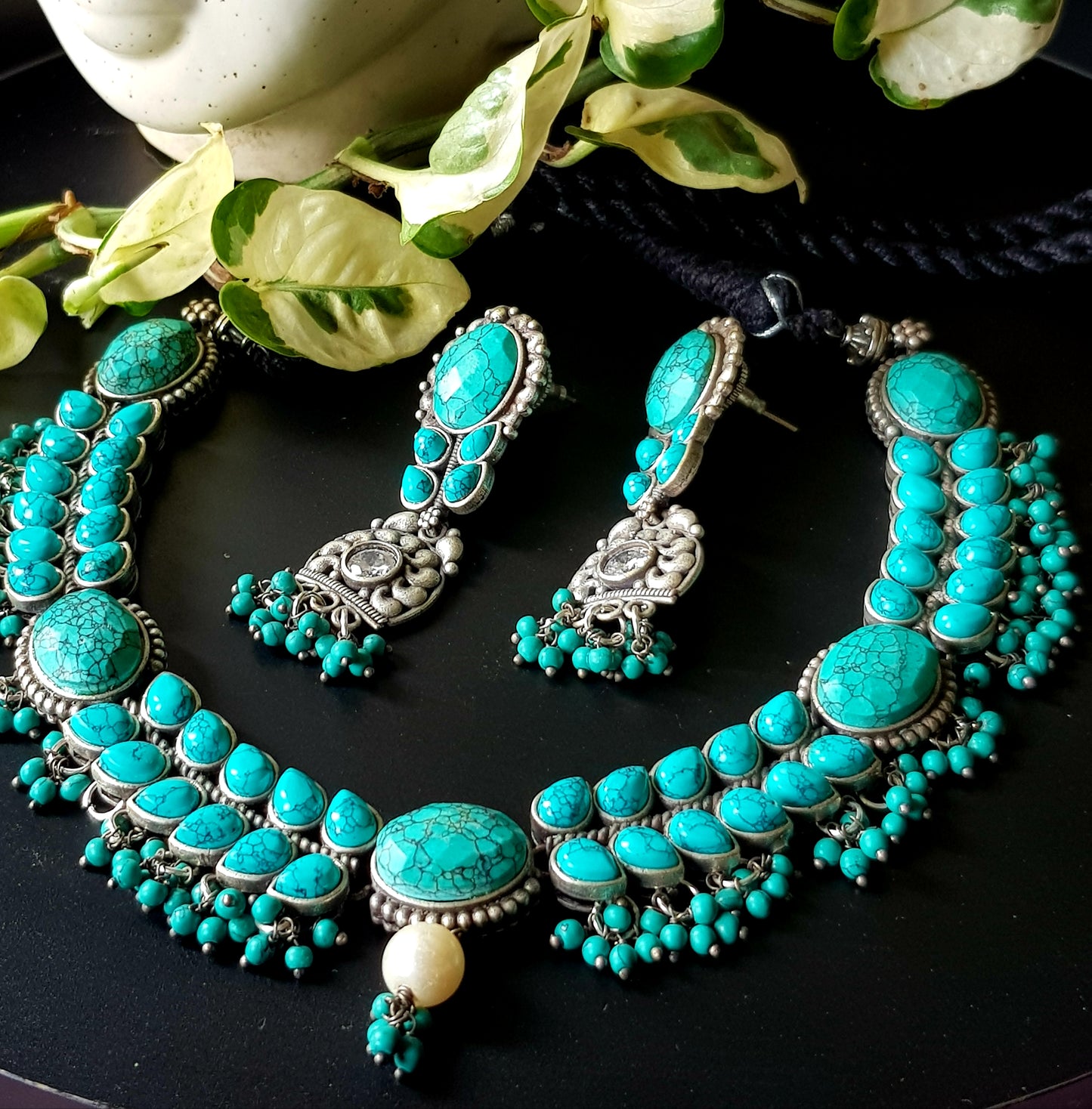 Silver finish set with choker necklace in turquoise/pale pink and blue stone matching long earrings