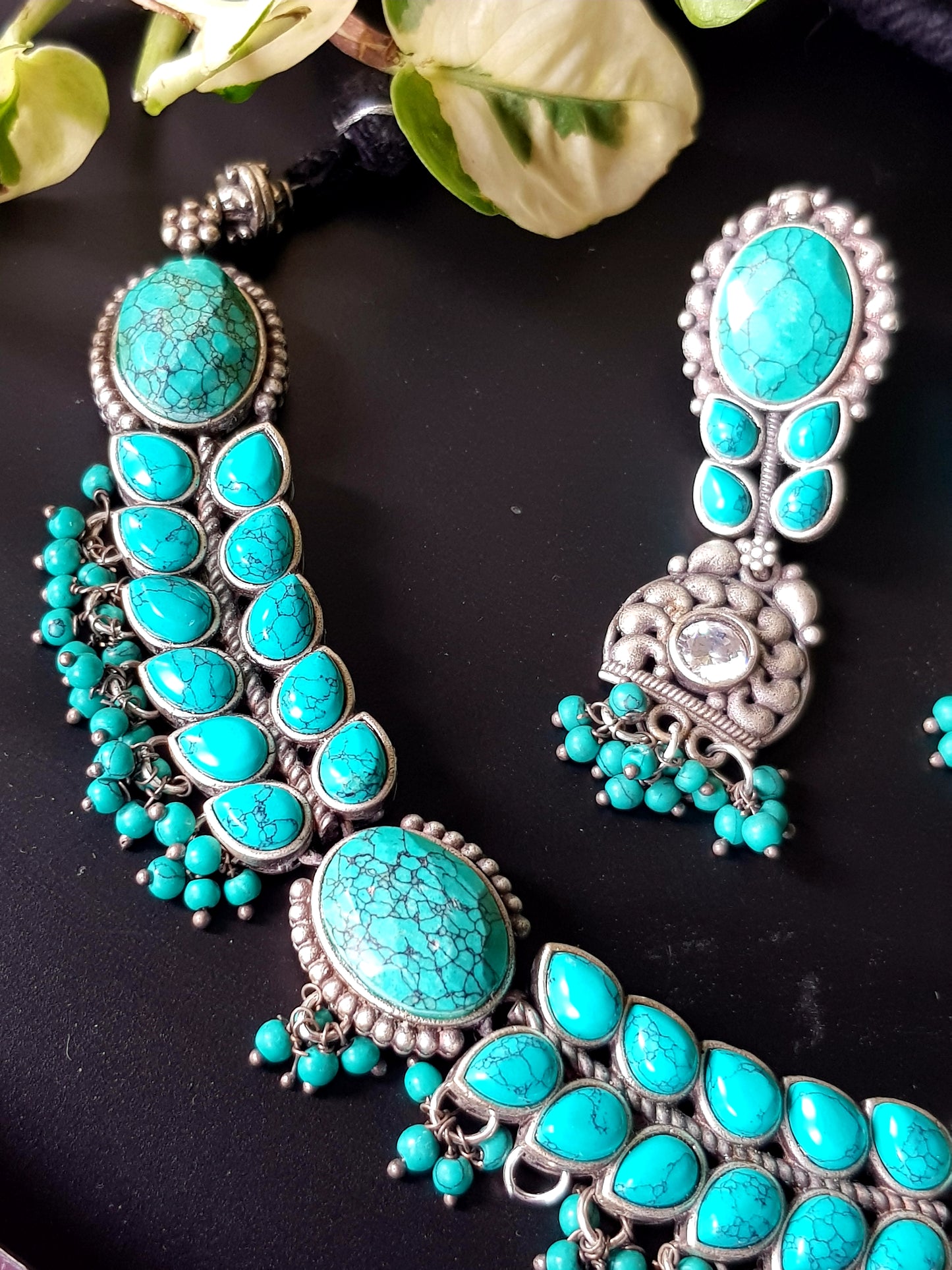 Silver finish set with choker necklace in turquoise/pale pink and blue stone matching long earrings
