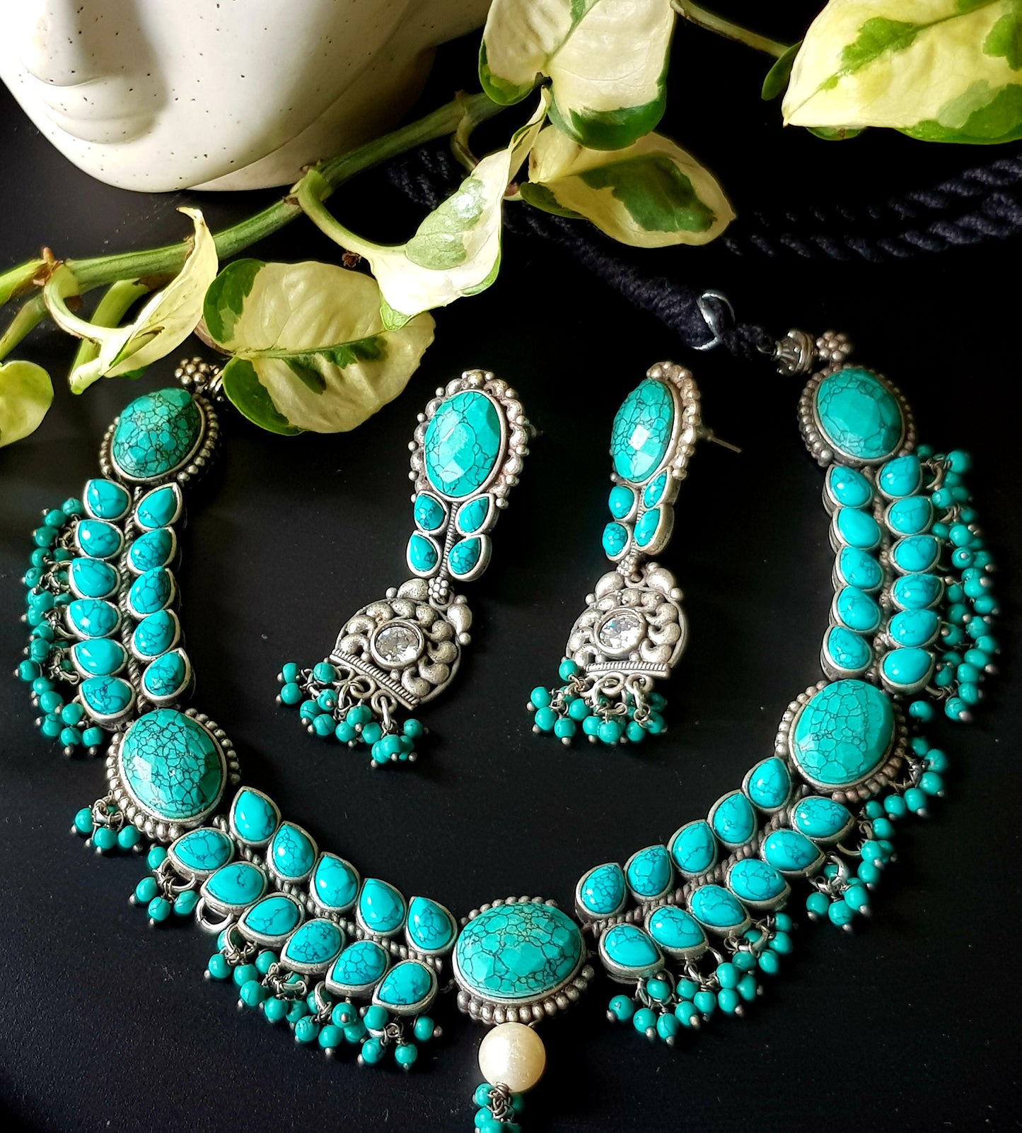 Silver finish set with choker necklace in turquoise/pale pink and blue stone matching long earrings