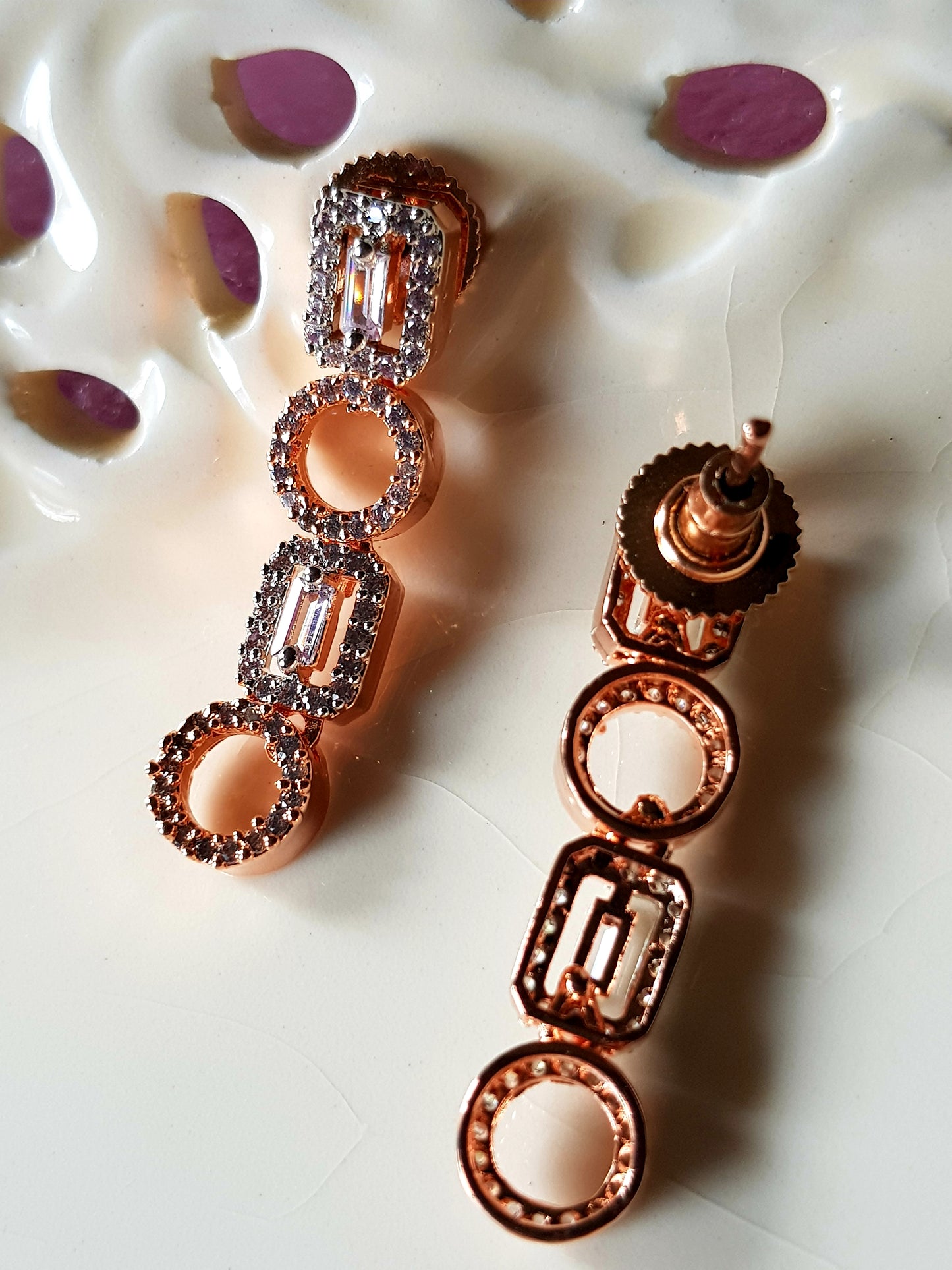 Rose gold and platinum finish set, round and rectangular CZ setting design , matching earrings