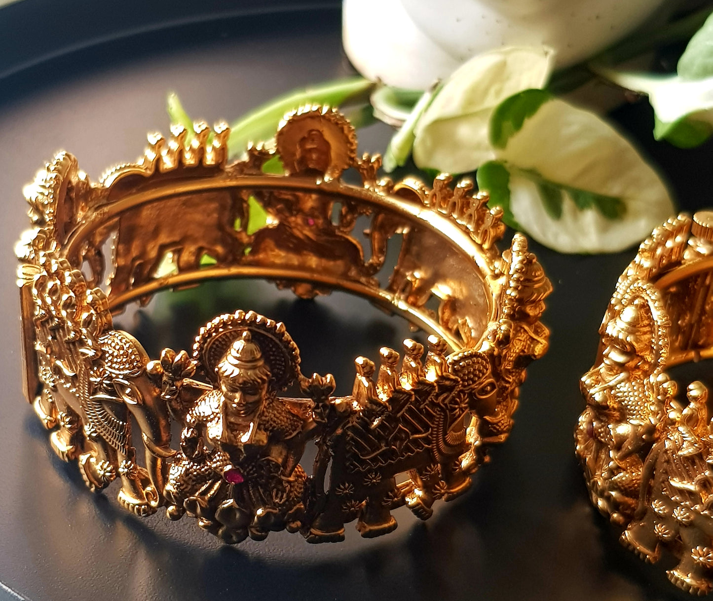 Gold finish temple jewelry broad kada (bangles, 2 pcs) with lakshmi and elephant motif