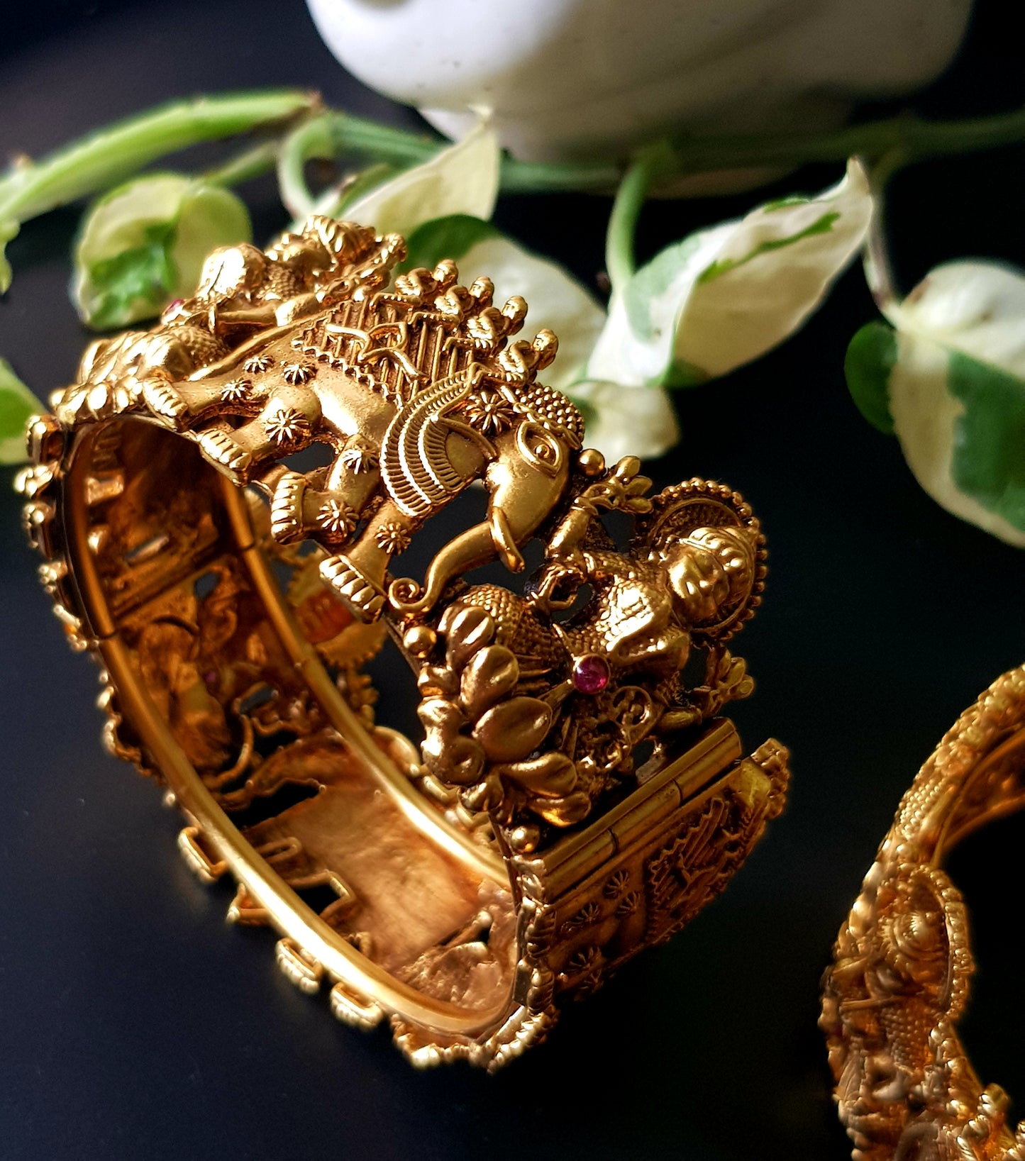 Gold finish temple jewelry broad kada (bangles, 2 pcs) with lakshmi and elephant motif
