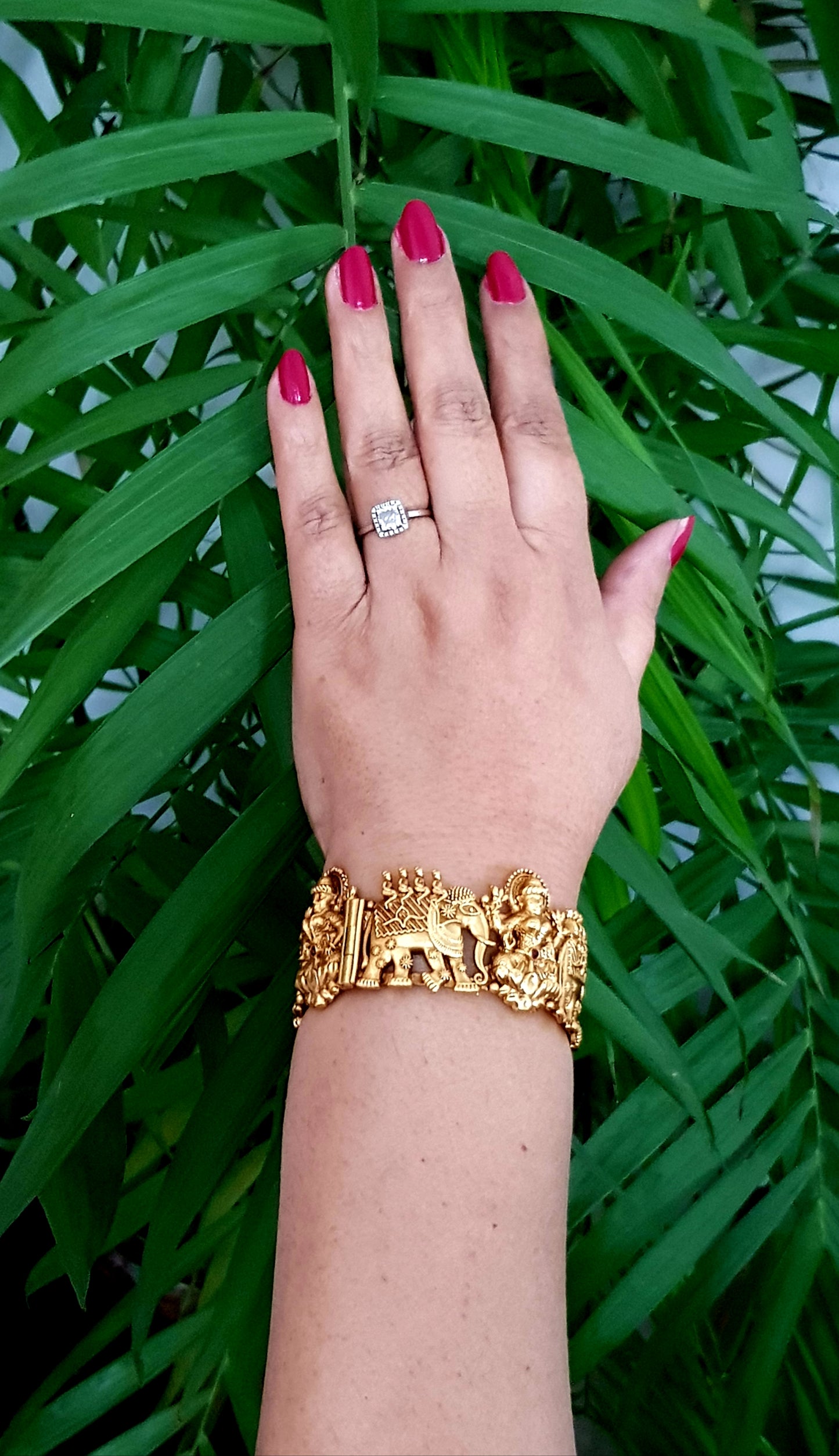 Gold finish temple jewelry broad kada (bangles, 2 pcs) with lakshmi and elephant motif