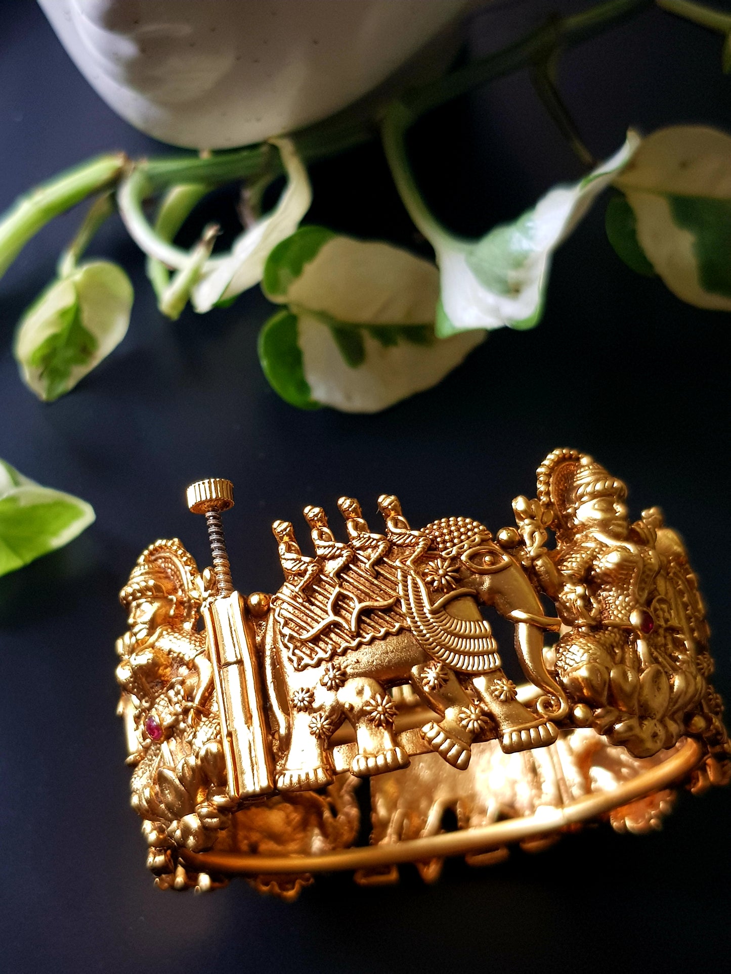 Gold finish temple jewelry broad kada (bangles, 2 pcs) with lakshmi and elephant motif