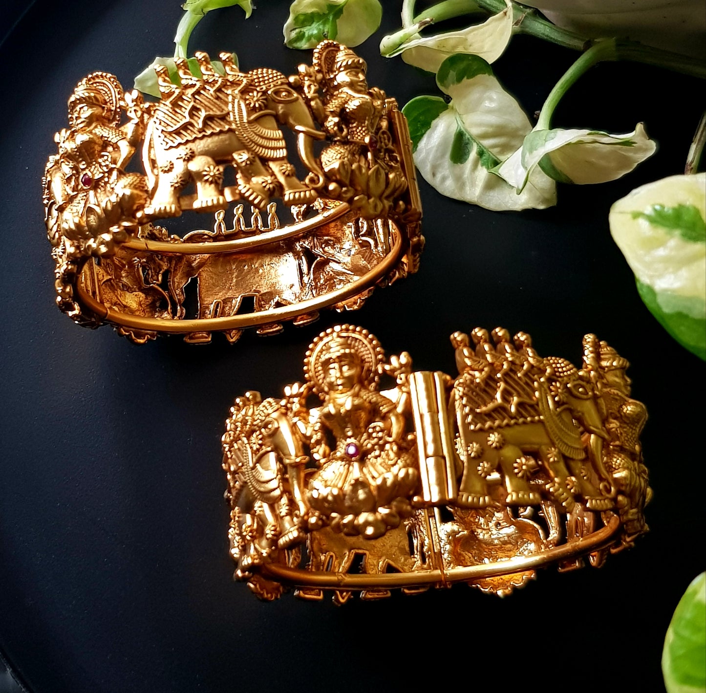 Gold finish temple jewelry broad kada (bangles, 2 pcs) with lakshmi and elephant motif