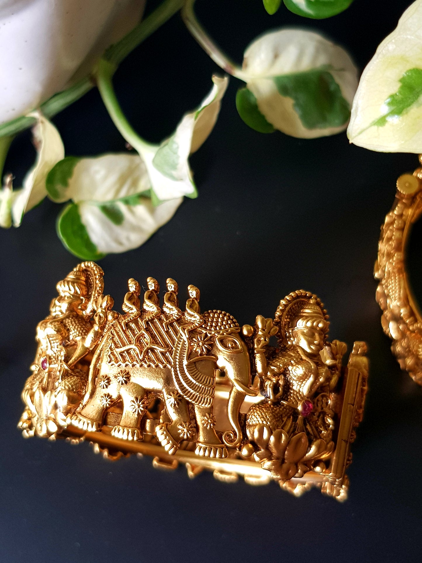 Gold finish temple jewelry broad kada (bangles, 2 pcs) with lakshmi and elephant motif