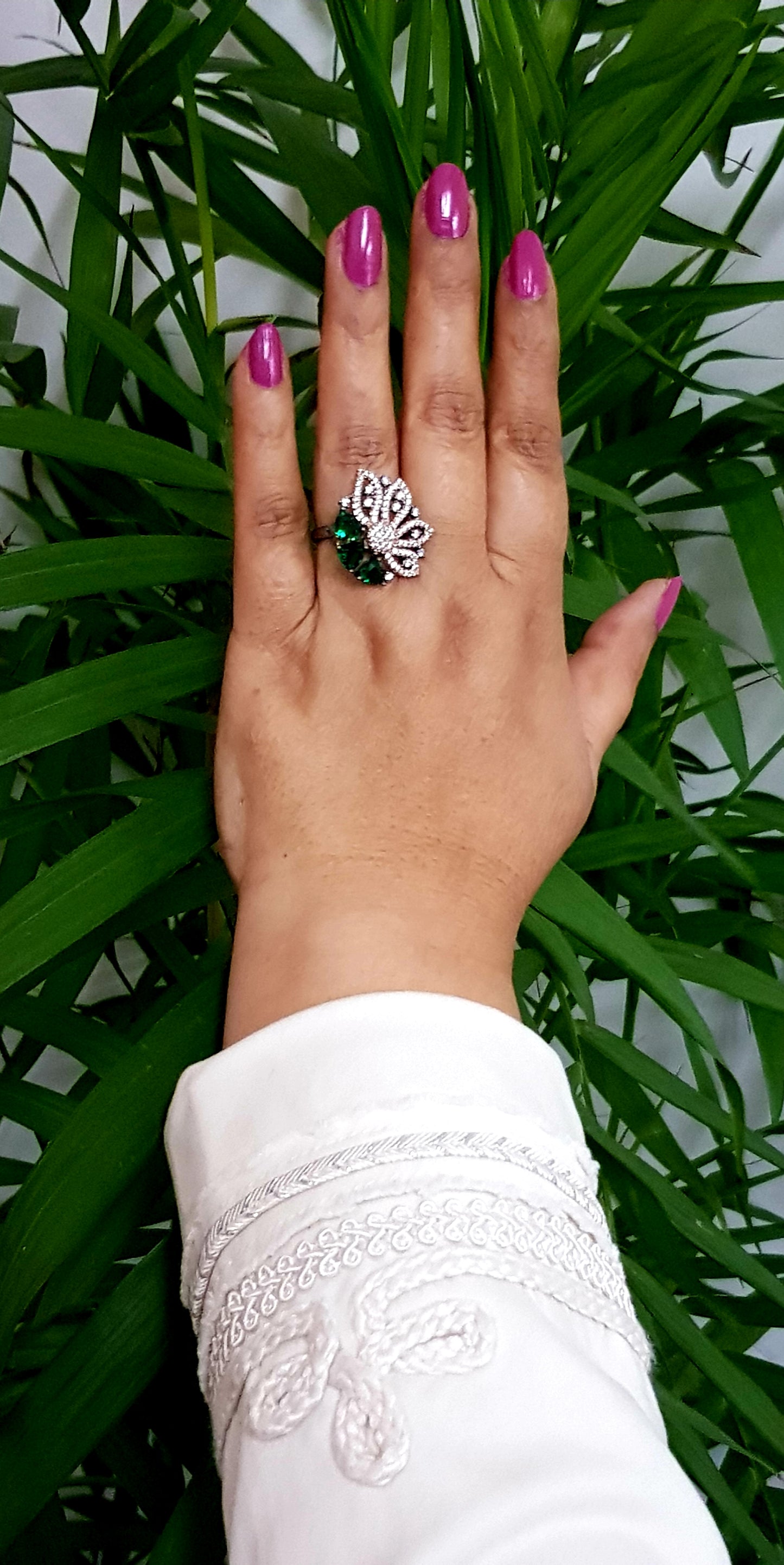 Antique rose gold finish ring with 3 triangular sapphire/emerald/ruby with CZ embellished flower pattern