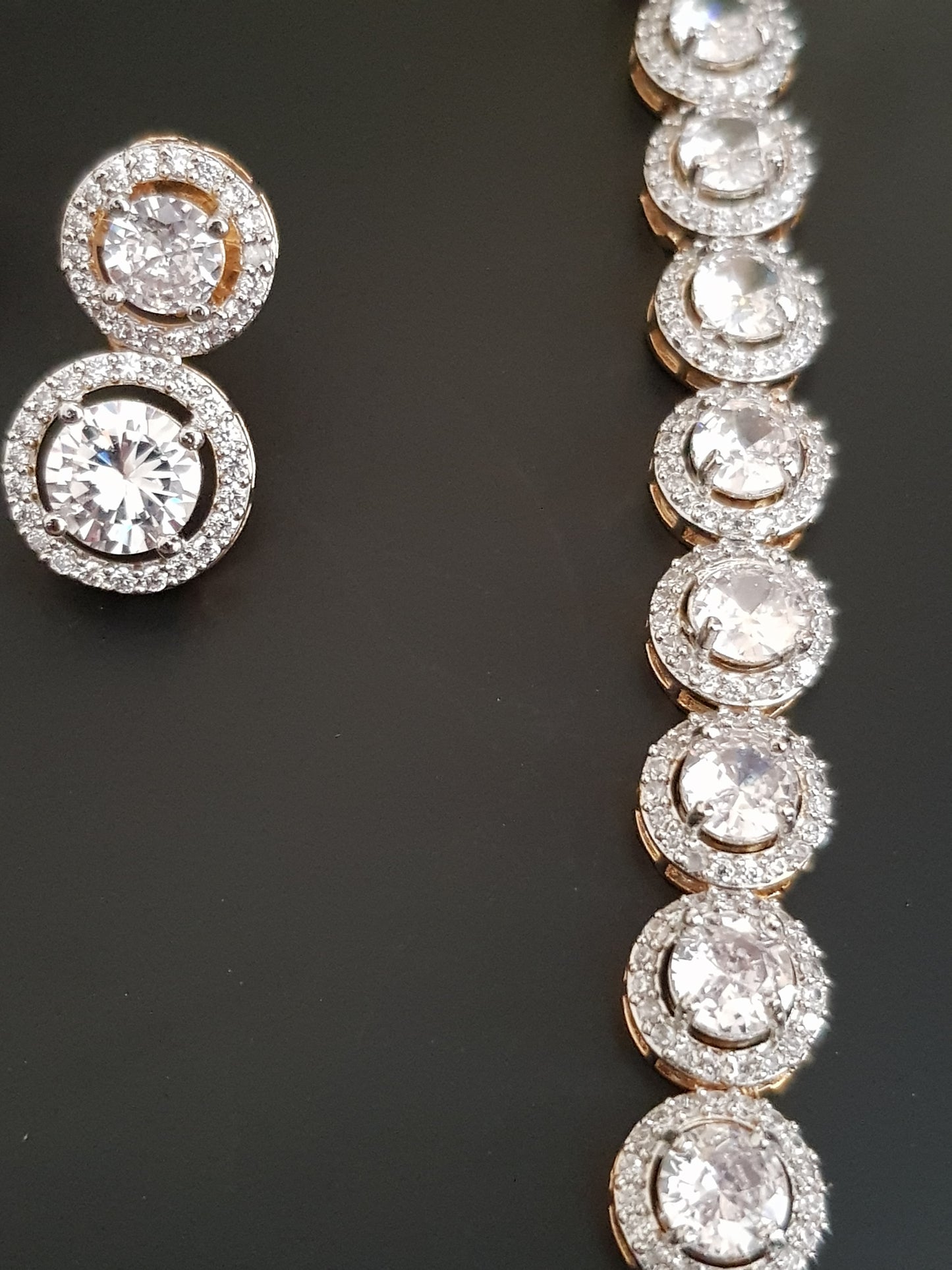 Gold finish set, single strand round crystal necklace with matching earrings
