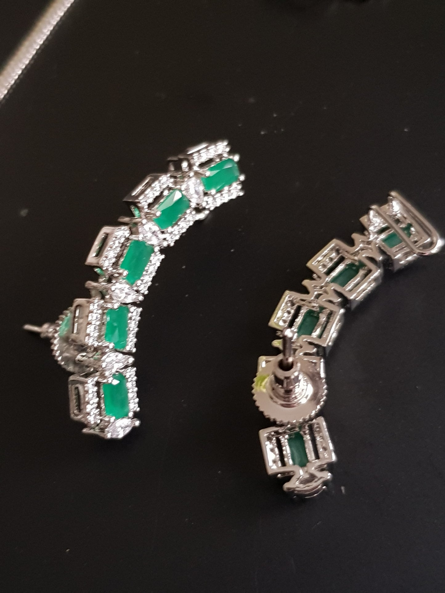Gold/platinum finish set, square sapphire/emerald and CZ single strand necklace, C shape matching earrings