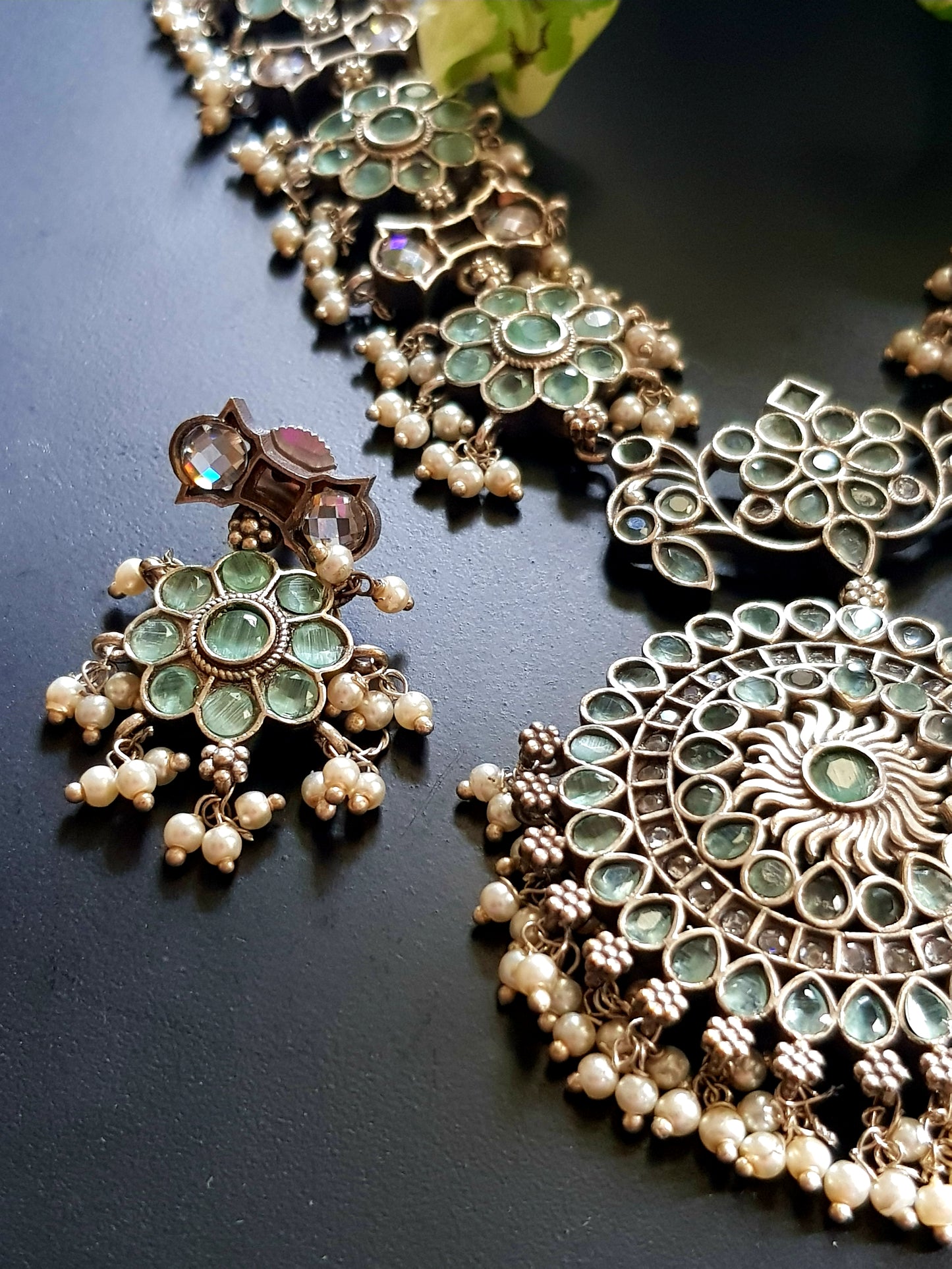 Antique silver finish set, flower motif long necklace with mint green stone inlay and pearl beads, matching earrings
