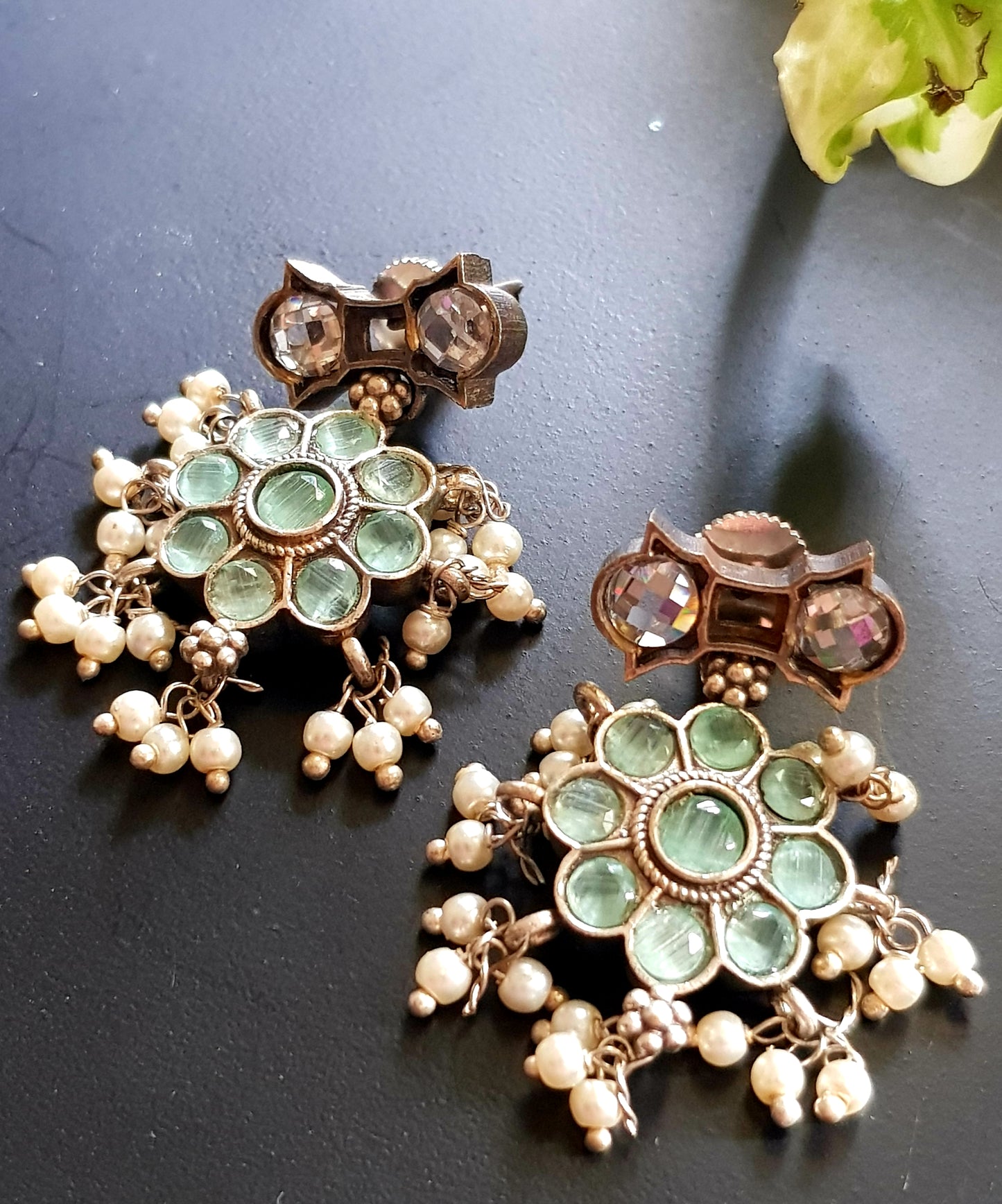 Antique silver finish set, flower motif long necklace with mint green stone inlay and pearl beads, matching earrings