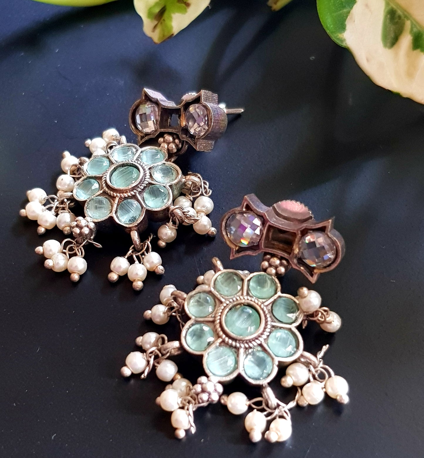Antique silver finish set, flower motif long necklace with mint green stone inlay and pearl beads, matching earrings