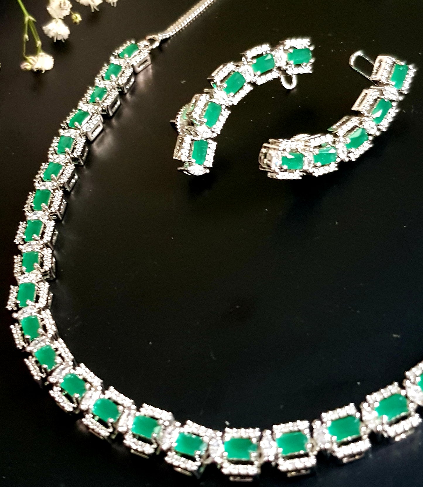 Gold/platinum finish set, square sapphire/emerald and CZ single strand necklace, C shape matching earrings